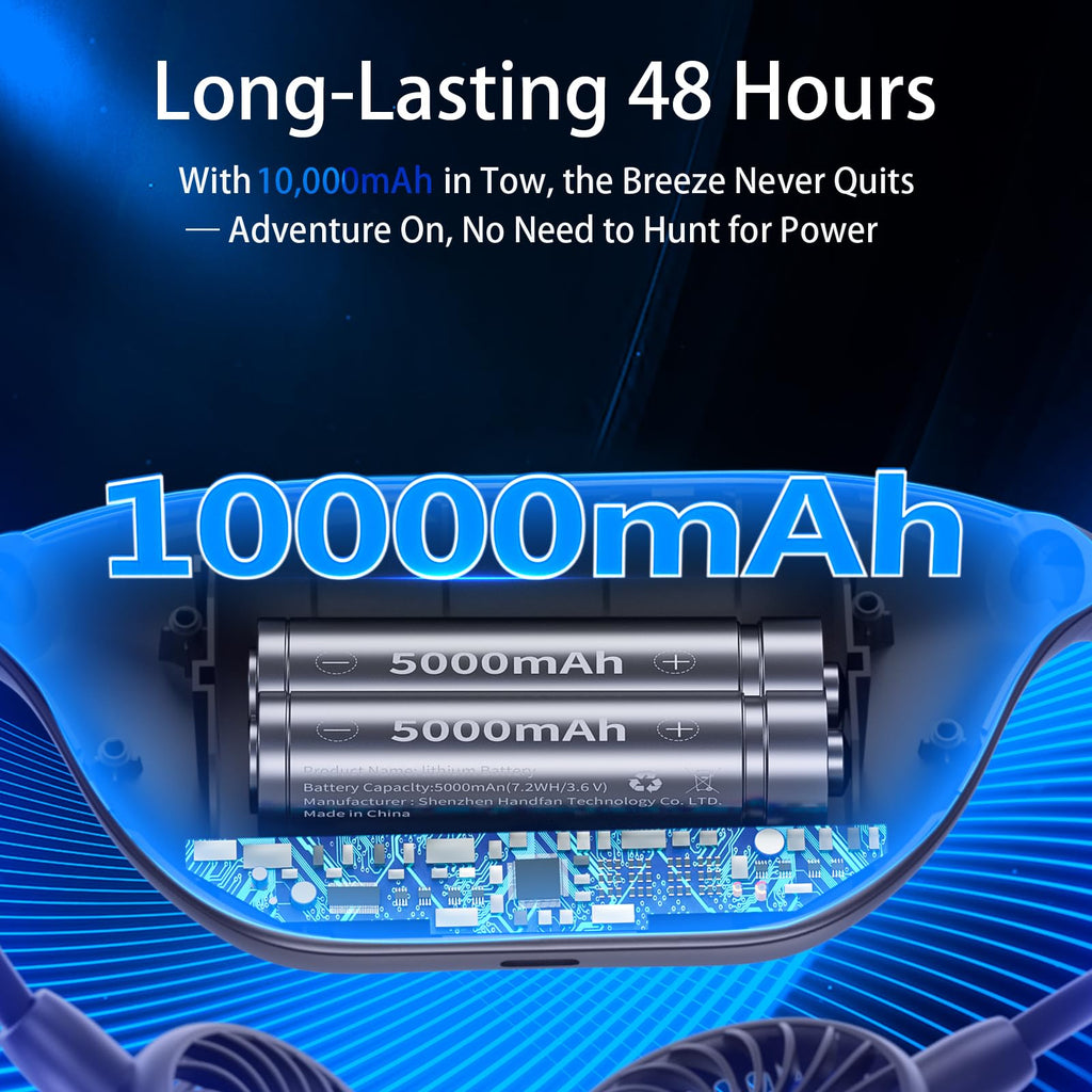HandFan 10000mAh Portable Neck Fan Rechargeable, 48Hrs Long-Lasted Wearable Personal Fans, Hands Free Necklace Fans, Hanging Cooling Fan for Travel, Hiking, Fishing, Gifts for Women Men