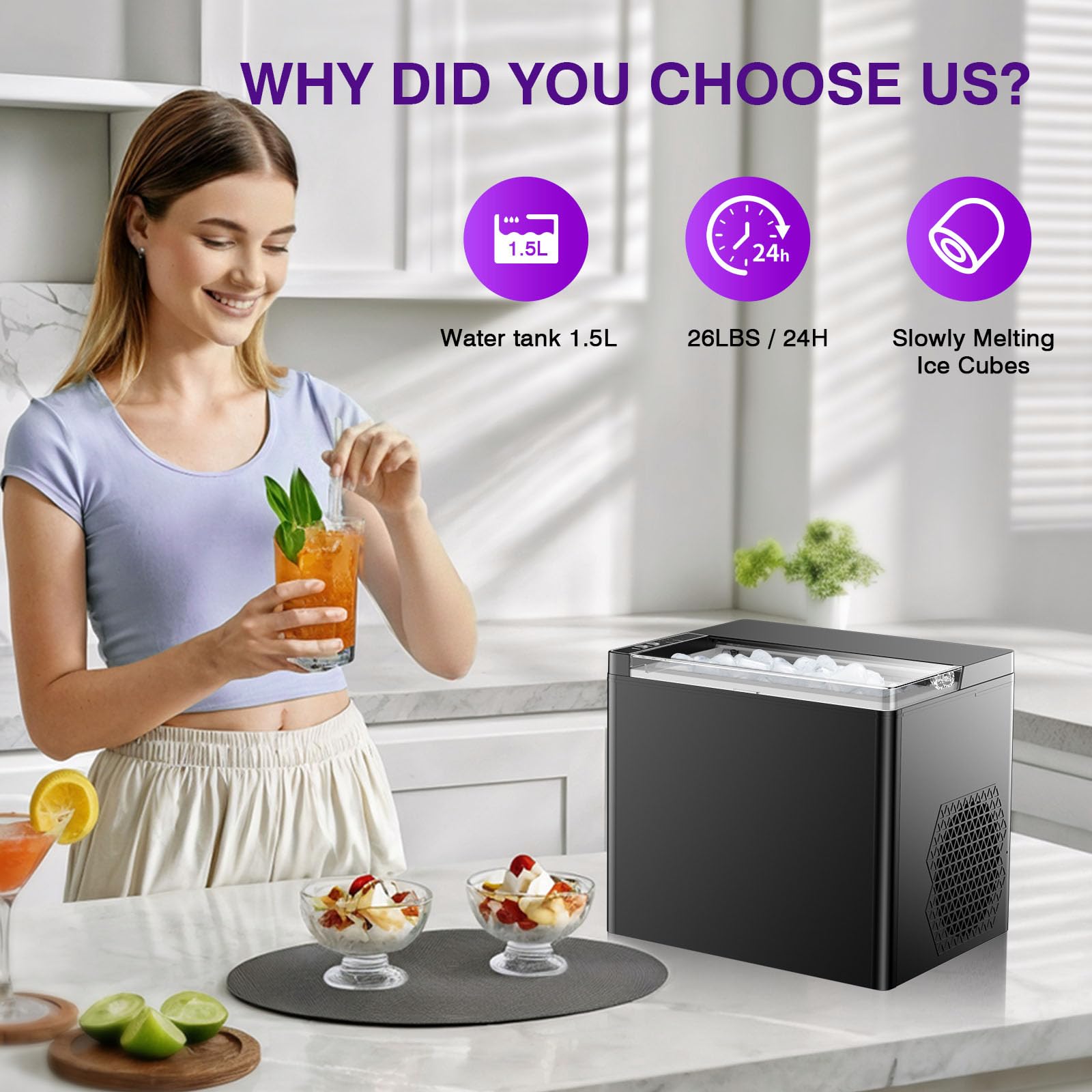 Countertop Ice Makers Machine, Portable Ice Machine Producing 9 Ice Cubes Within 6 Mins, Bullet Ice Available in Two Sizes(S/L), Compact Mini Ice Maker Appliance for Home Kitchen Camping (Soot)