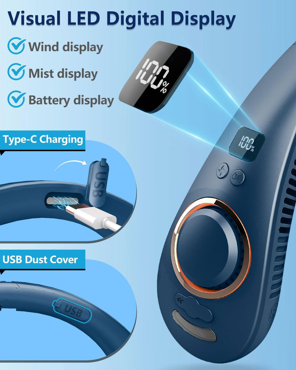 Portable Neck Fans with Mist, Rechargeable 4-9H Lasting Neck Cooling that Blow Cold Air, 5 Speeds & LED display, USB-C Bladeless Folding Personal Mister for Kid Adult Indoor Outdoors Sports, White