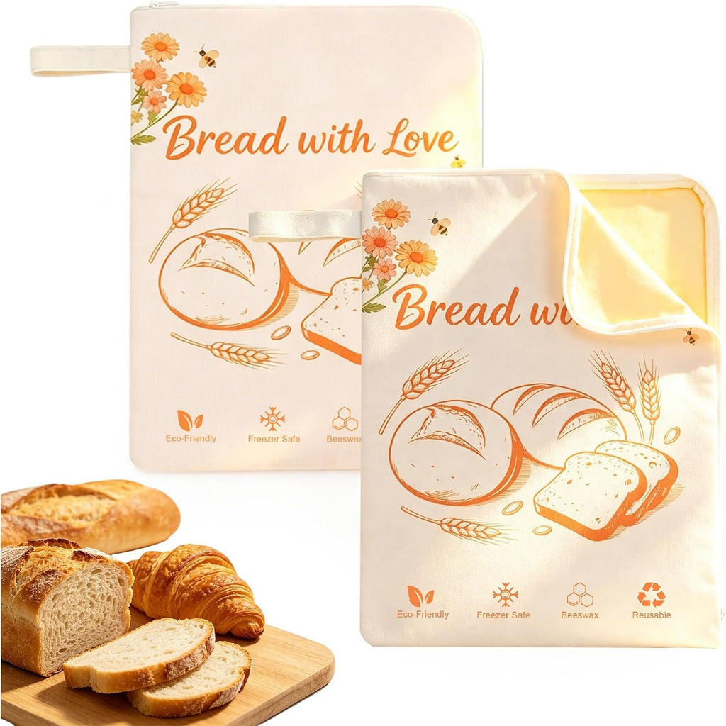 Beeswax Bread Bags with Extra-Wide Zipper Access, 2 Pack XL (13x17in) – Reusable Organic Beeswax-Coated Linen Cotton Storage Bags for Sourdough & Homemade Bread, Naturally Keeps Bread Fresher Longer