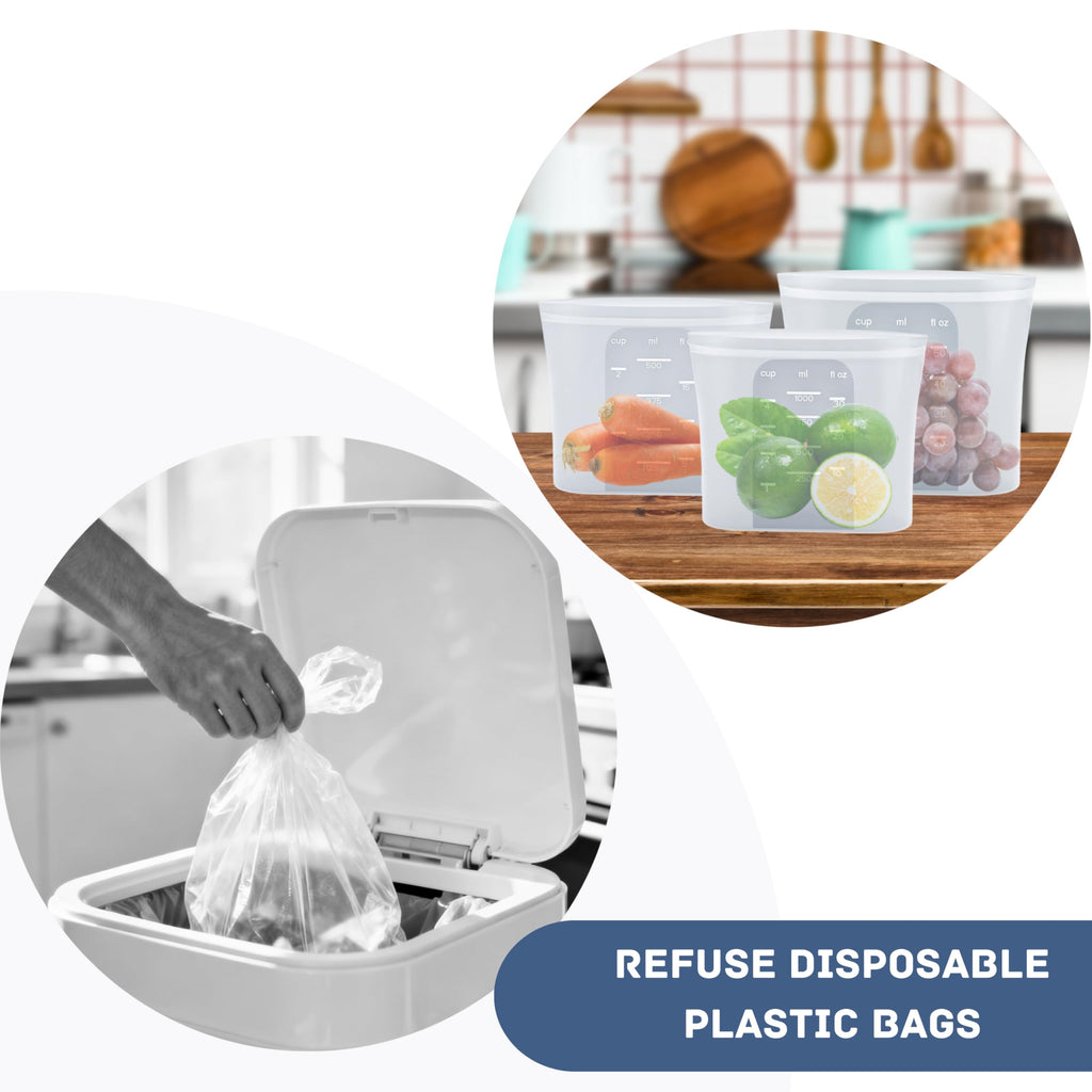 Reusable Silicone Food Storage Bags 3-Pack (17oz, 34oz, 51oz) | Stand Up Leakproof Freezer Bags with Wide Self-Sealing Zipper | Dishwasher, Microwave Safe, BPA Free Eco-Friendly Sous Vide Cooking Bags
