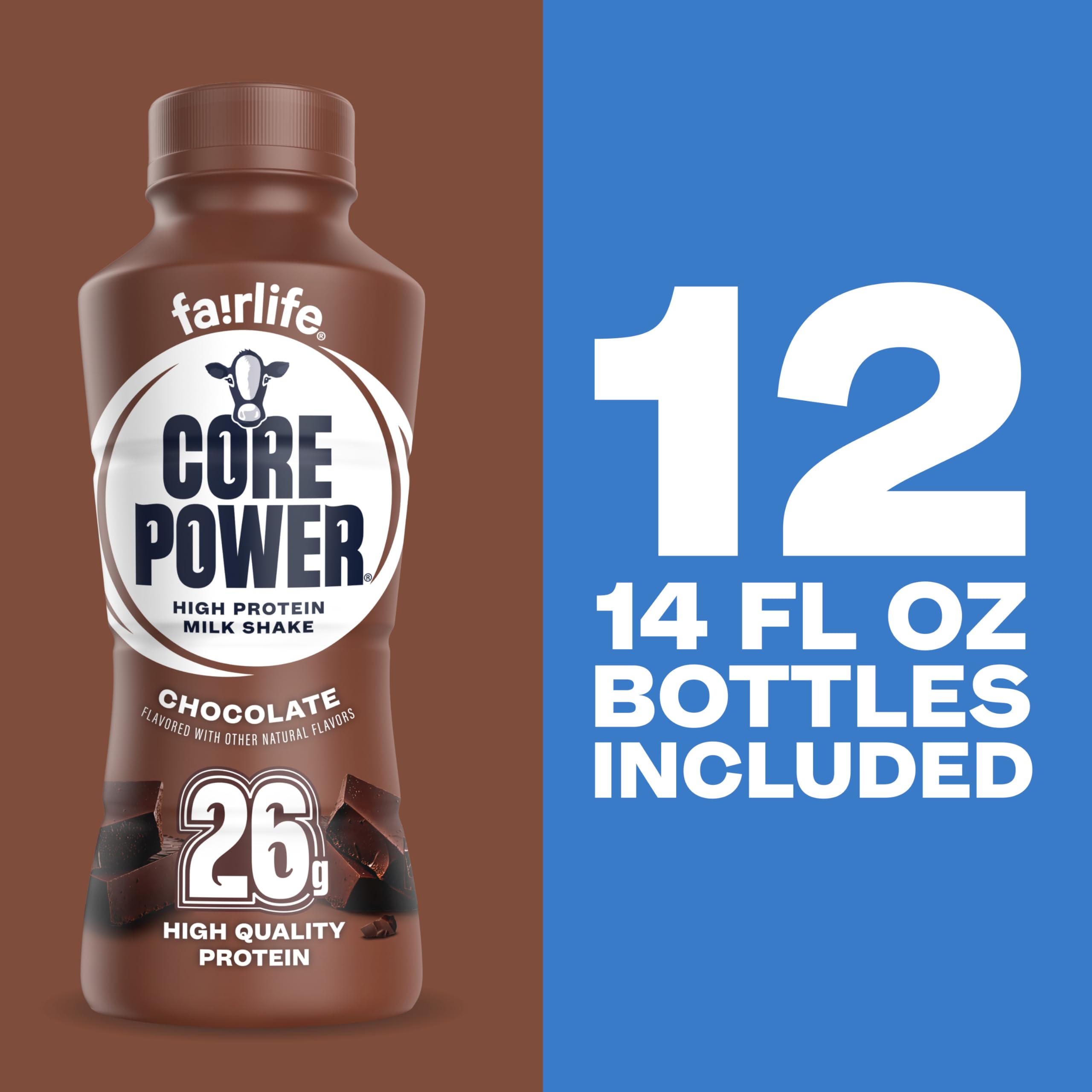 Core Power Protein Shake, Chocolate, 26g Bottle, 14oz, 12 Pack