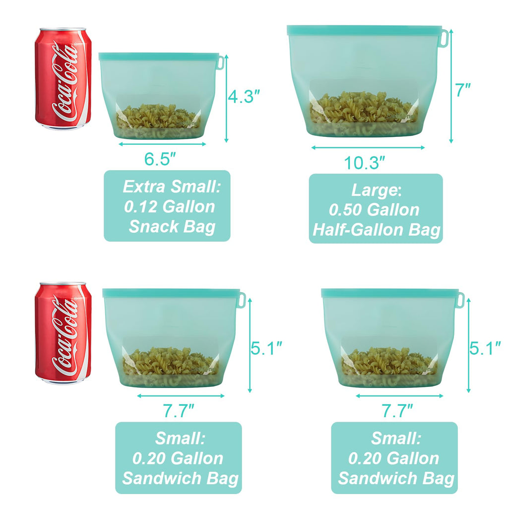 Reusable Silicone Food Storage Bags 4Pack with 2 Sandwich, 1 Lunch, and 1 Half-Gallon Bags, Multiuse Pouches Stand Up Zip Container for Soup and Leftovers, Microwave, Dishwasher, Oven and Freezer Safe