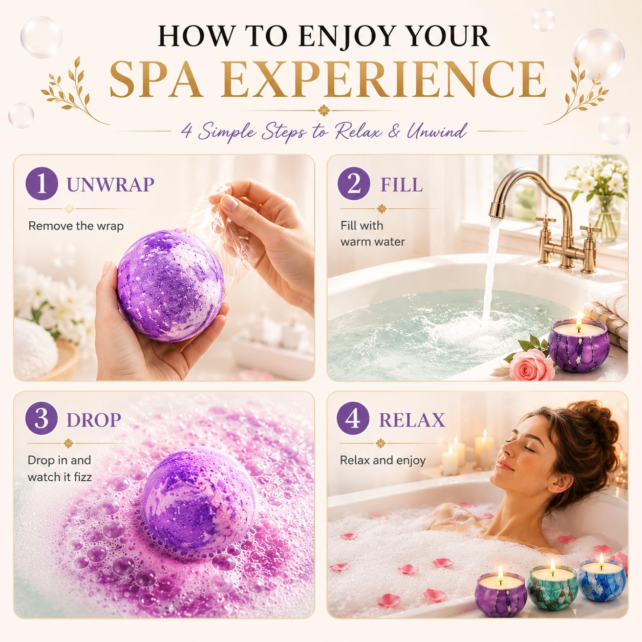 Bath Bombs Gift Set - 5 Large Fizzy Spa Bombs with 4 Scented Candles for Women - Moisturizing Bubble Bath with Essential Oils for Valentine's, Birthday Gifts