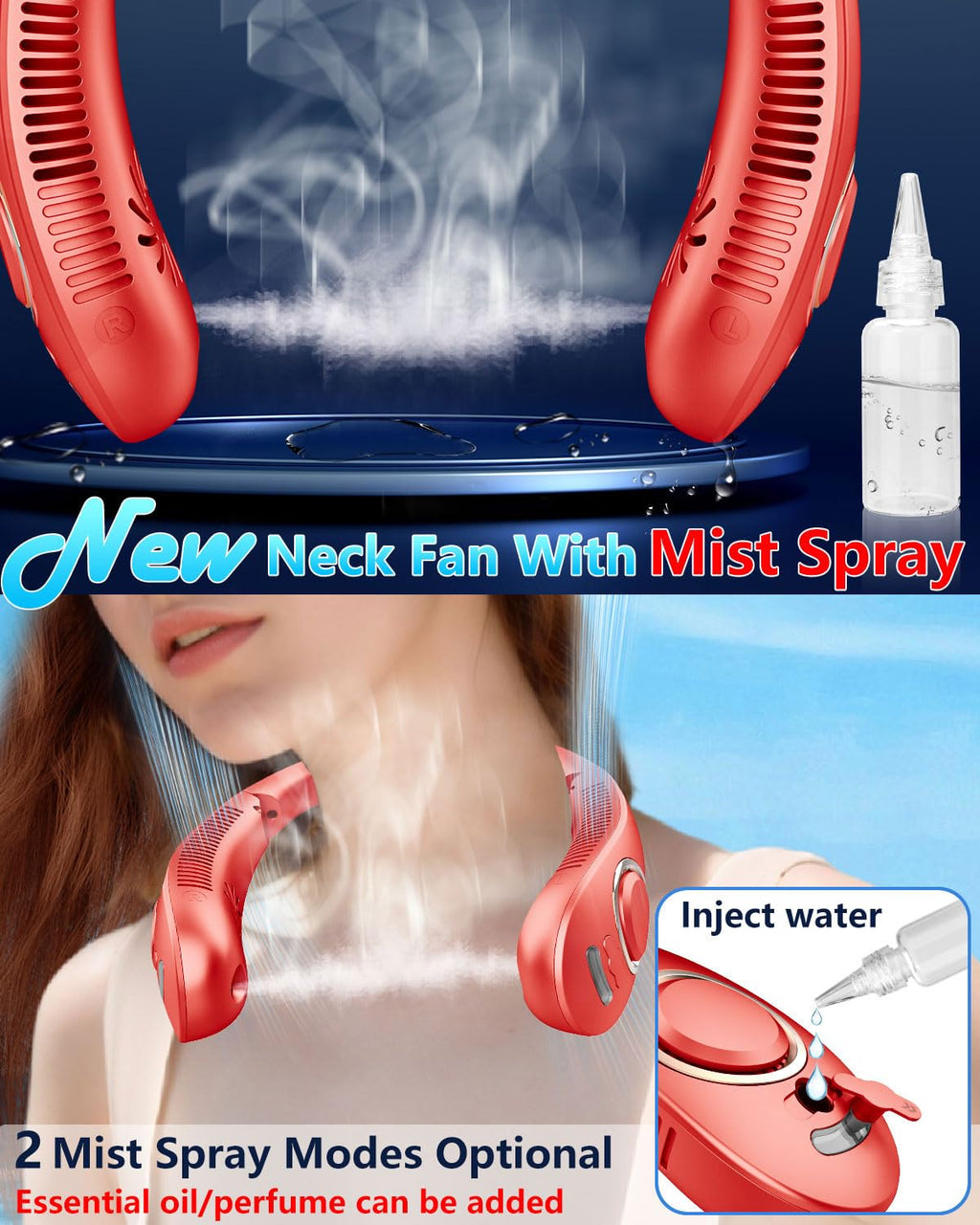 Portable Neck Fans with Mist, Rechargeable 4-9H Lasting Neck Cooling that Blow Cold Air, 5 Speeds & LED display, USB-C Bladeless Folding Personal Mister for Kid Adult Indoor Outdoors Sports, White