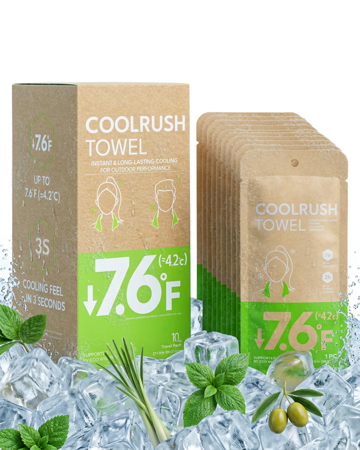 CoolRush Towel with Natural Mint Extract, Instant 3-Second Cooling Towel, Reusable Sports Cooling Wipes for Summer Heat, Alcohol-Free, for Running, Cycling, Gym, Outdoor Activities(10 Pack)