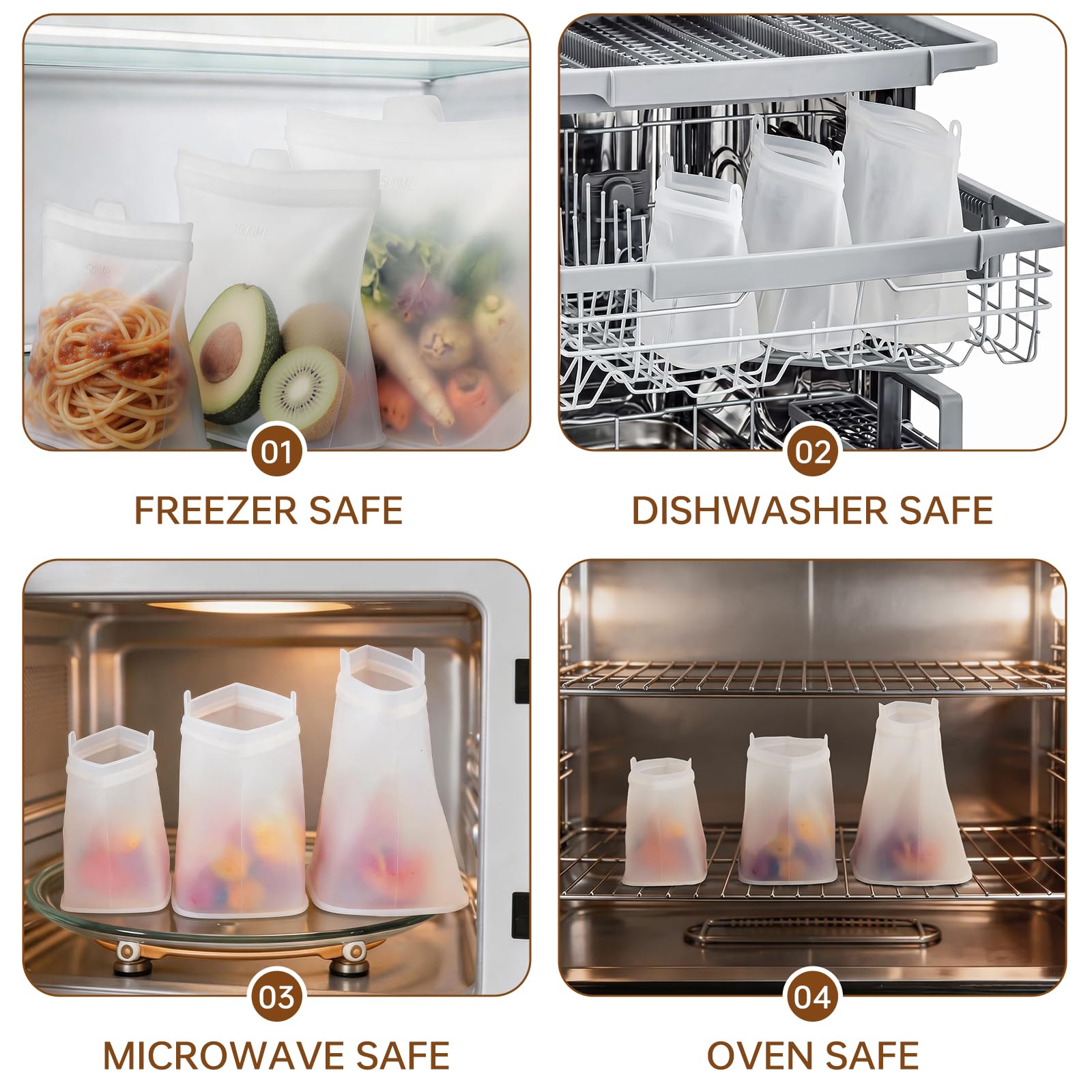 Reusable Silicone Food Storage Bags, 100% Silicone Stand-Up Wide-Open Zip-Lock Reusable Storage Bags for Food, Freezer Microwave Oven Dishwasher Safe (Translucent | M+S | 8 PC)