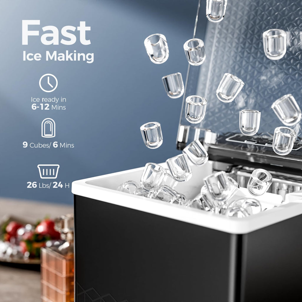 Electactic Ice Makers Countertop,26Lbs/24H,9 Cubes in 6 Mins,Portable Ice Maker Machine with Self-Cleaning,2 Sizes of Bullet Ice,Perfect for Home Kitchen(Black)