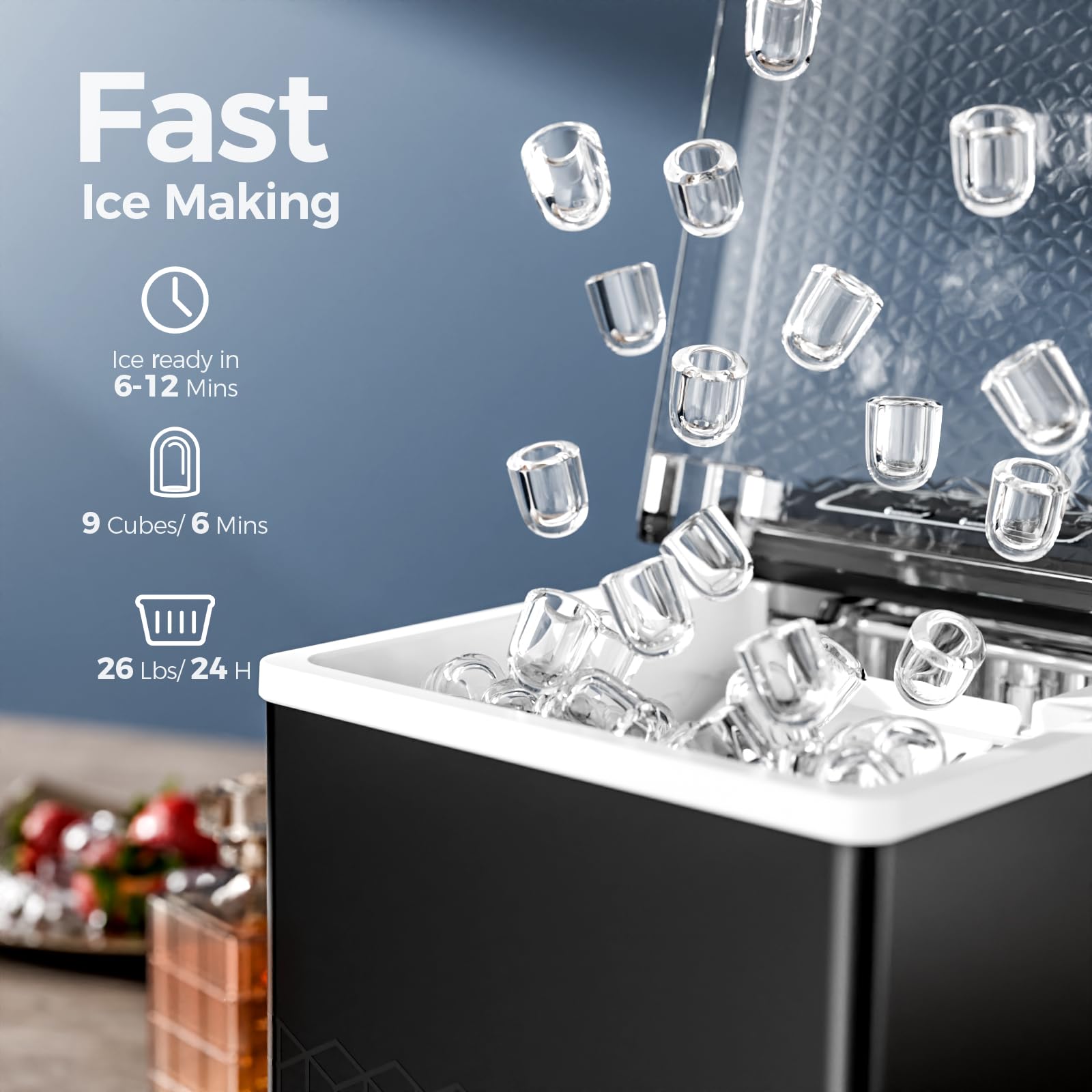 Electactic Ice Makers Countertop,26Lbs/24H,9 Cubes in 6 Mins,Portable Ice Maker Machine with Self-Cleaning,2 Sizes of Bullet Ice,Perfect for Home Kitchen(Black)