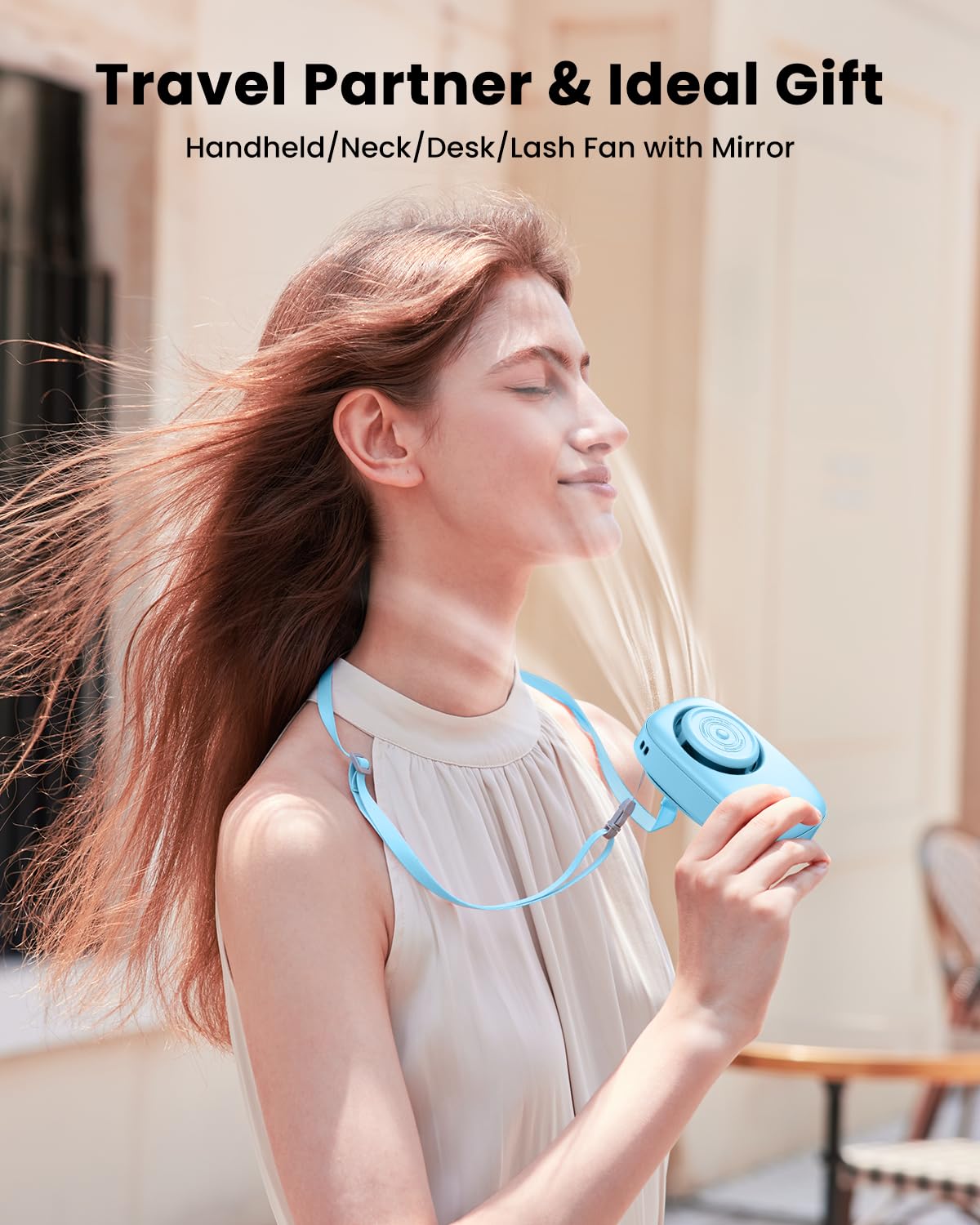 Gaiatop Mini Neck Fan, Rechargeable Handheld Desk Use, LED Power Display 3 Speed 360°Rotate Mirror for Lash Makeup, Cute Camera Design Small Portable USB Fans Personal Cooling Travel Essentials