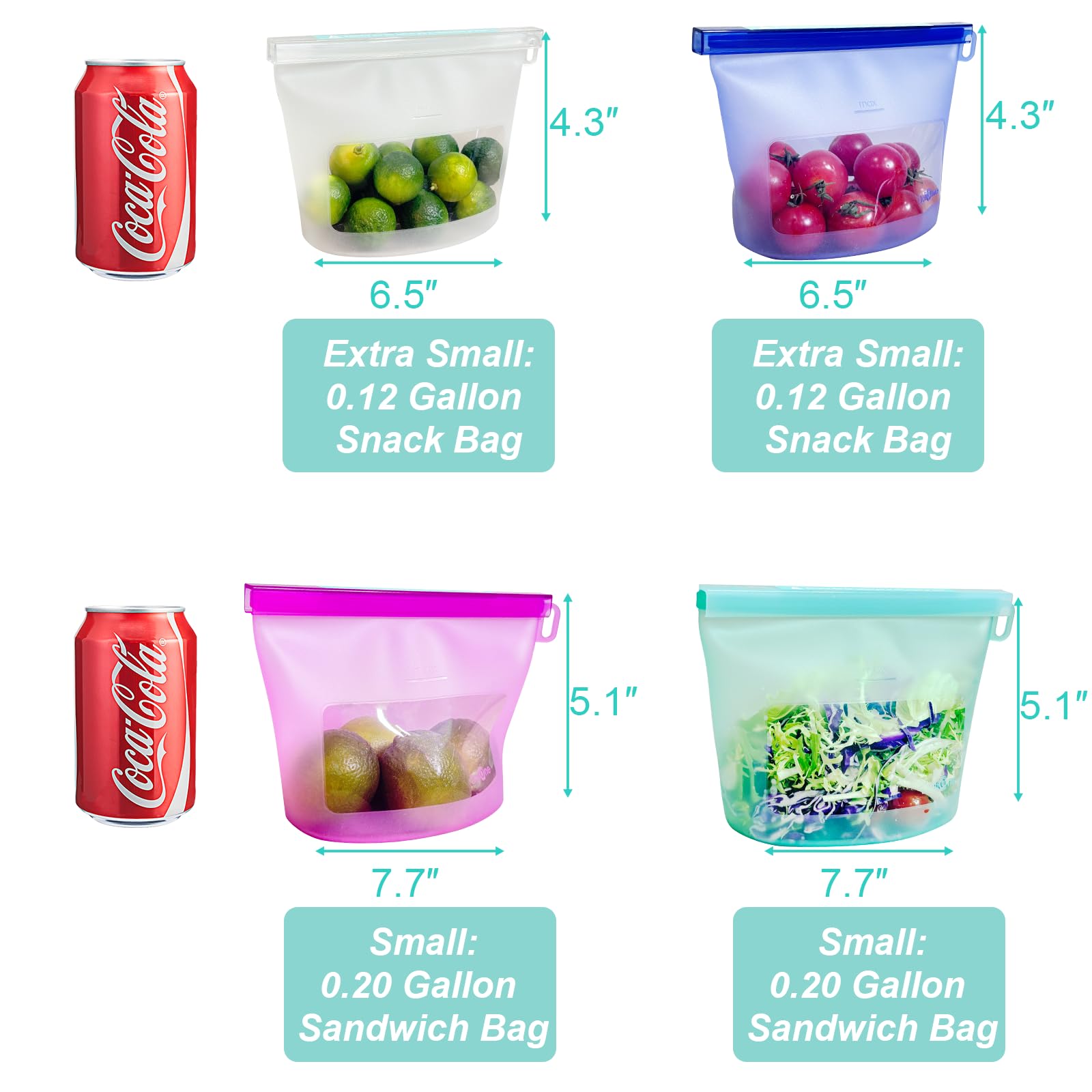 Reusable Silicone Food Storage Bags 4Pack with 2 Sandwich, 1 Lunch, and 1 Half-Gallon Bags, Multiuse Pouches Stand Up Zip Container for Soup and Leftovers, Microwave, Dishwasher, Oven and Freezer Safe