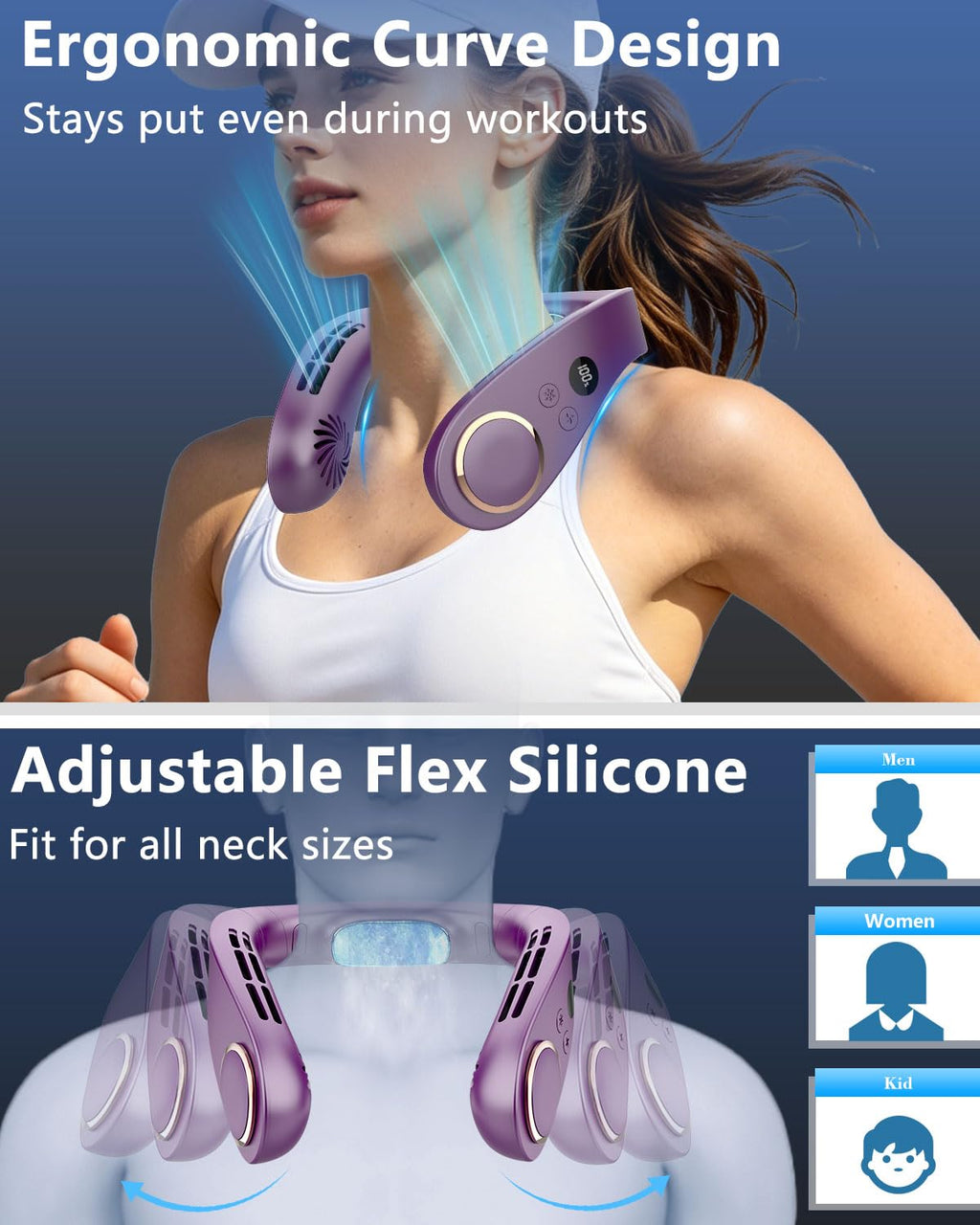 Neck Fan with Cooling Plate,5500mAh Rechargeable, Ultra Quiet Operation, 5 Speeds & 3 Cooling Modes, USB-C Fast Charging, LED Display Battery & Gear, Bladeless Fans that Blow Cold Air for Travel Blue