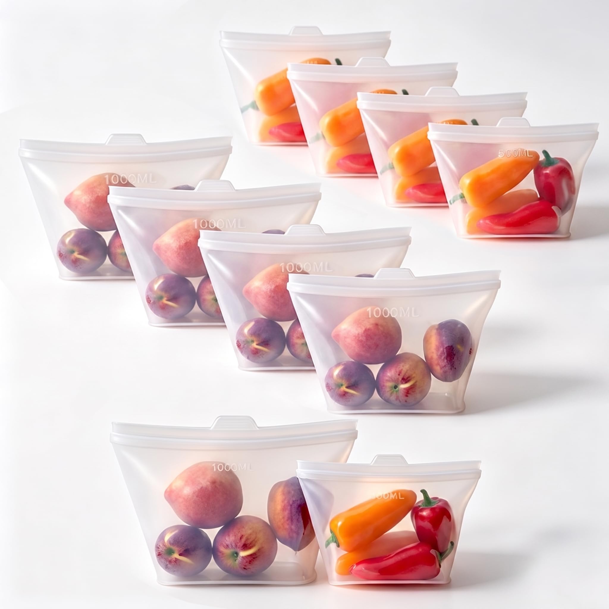 Reusable Silicone Food Storage Bags, 100% Silicone Stand-Up Wide-Open Zip-Lock Reusable Storage Bags for Food, Freezer Microwave Oven Dishwasher Safe (Translucent | M+S | 8 PC)