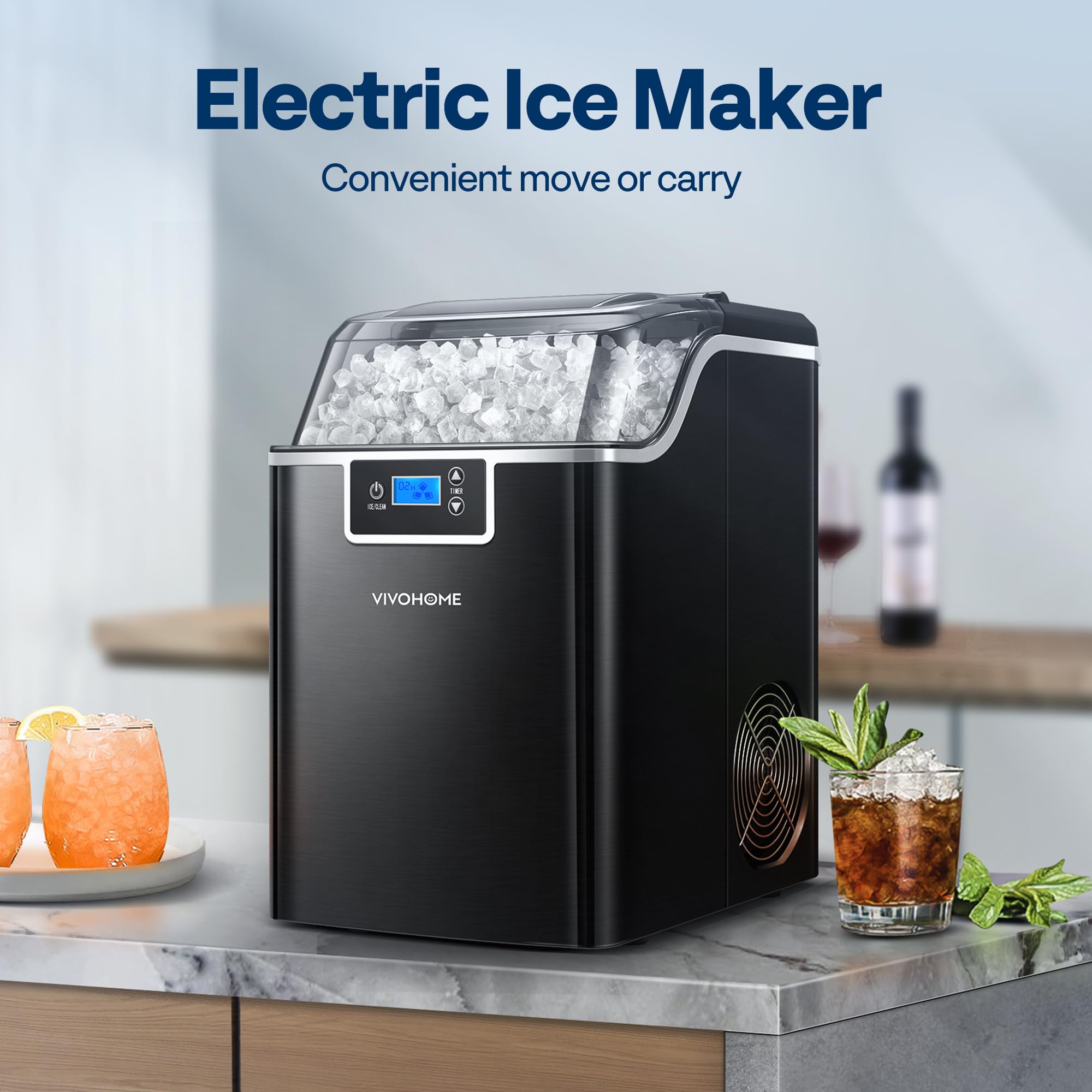 VIVOHOME Nugget Ice Maker Countertop, 45lbs/Day Pebble Ice Maker Machine, Soft Chewable Pellet Ice Machine with Self-Cleaning, Scoop, 10 Ice Bags, for Home Kitchen, RV, Camping, Office