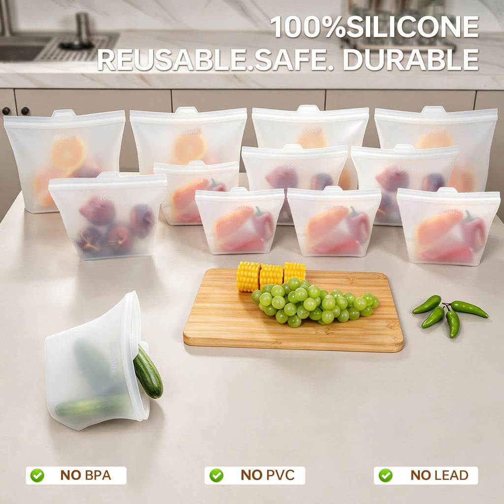 Reusable Silicone Food Storage Bags, 100% Silicone Stand-Up Wide-Open Zip-Lock Reusable Storage Bags for Food, Freezer Microwave Oven Dishwasher Safe (Translucent | M+S | 8 PC)