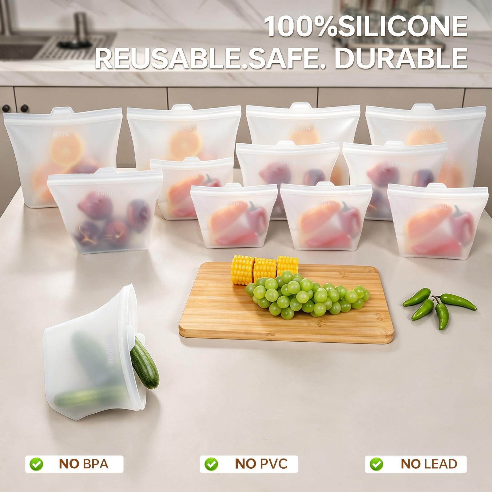 Reusable Silicone Food Storage Bags, 100% Silicone Stand-Up Wide-Open Zip-Lock Reusable Storage Bags for Food, Freezer Microwave Oven Dishwasher Safe (Translucent | M+S | 8 PC)
