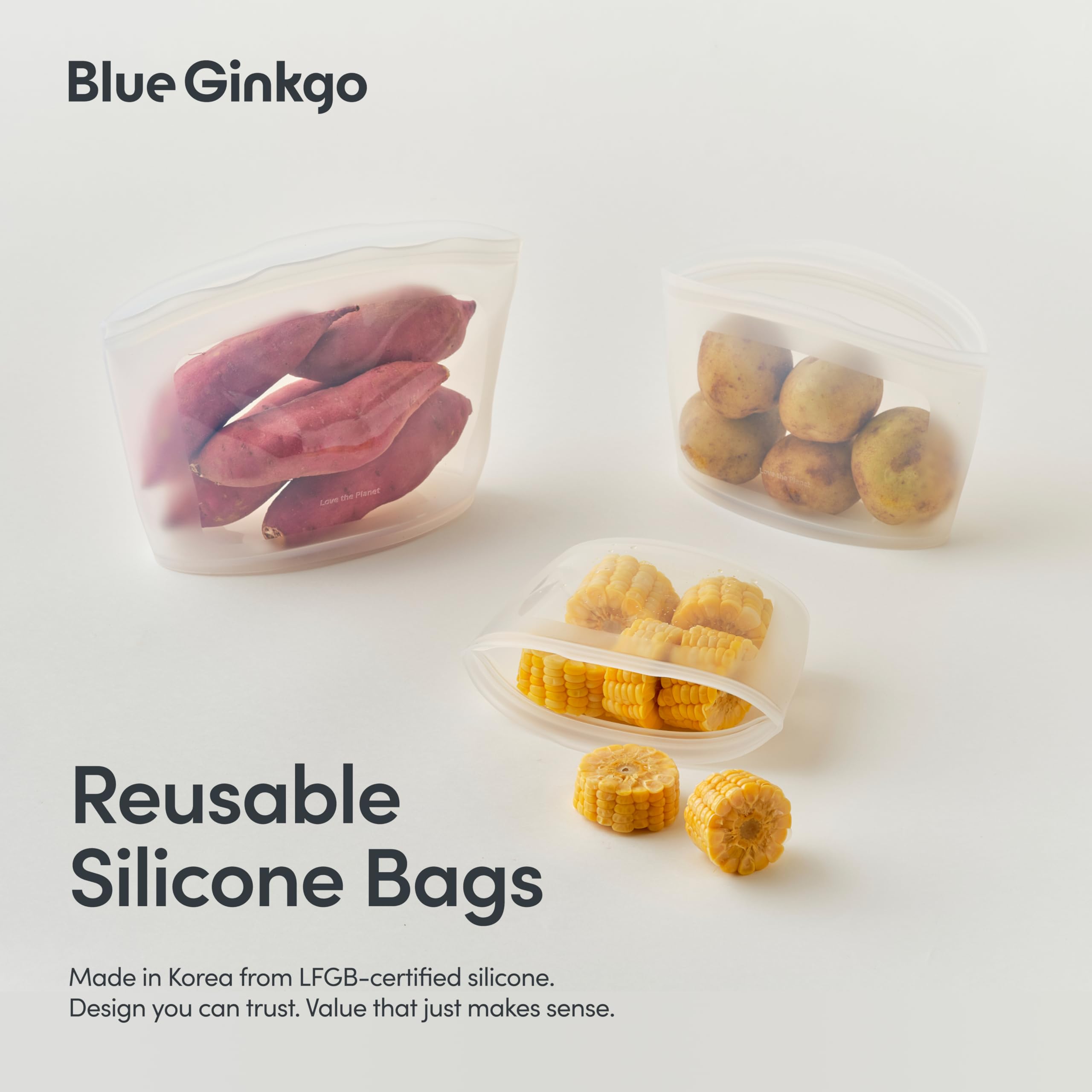Blue Ginkgo Reusable Silicone Storage Bags – 4-Pack | Korean-Made Stand Up Food, Freezer Bags - Pumkin Yellow
