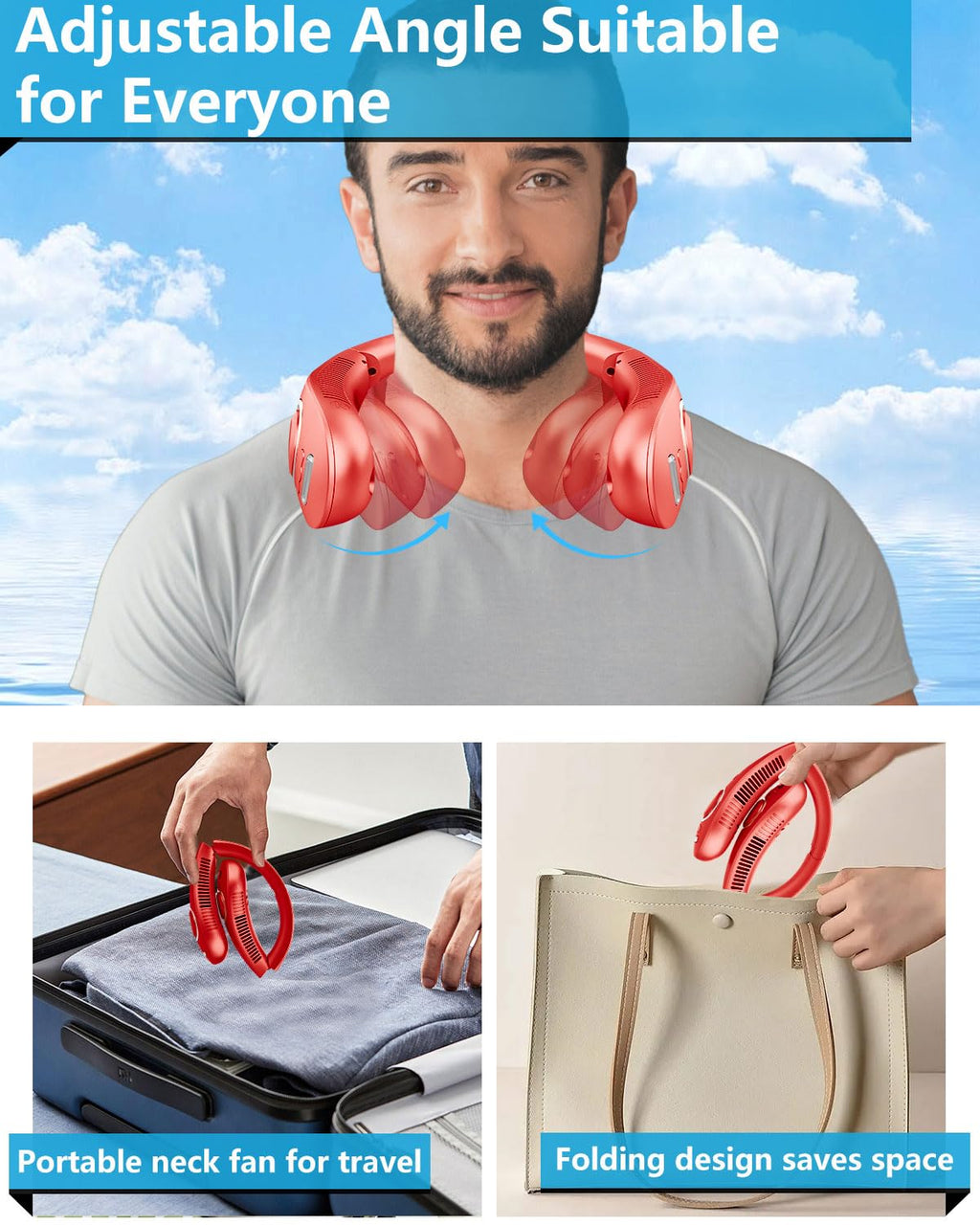 Portable Neck Fans with Mist, Rechargeable 4-9H Lasting Neck Cooling that Blow Cold Air, 5 Speeds & LED display, USB-C Bladeless Folding Personal Mister for Kid Adult Indoor Outdoors Sports, White