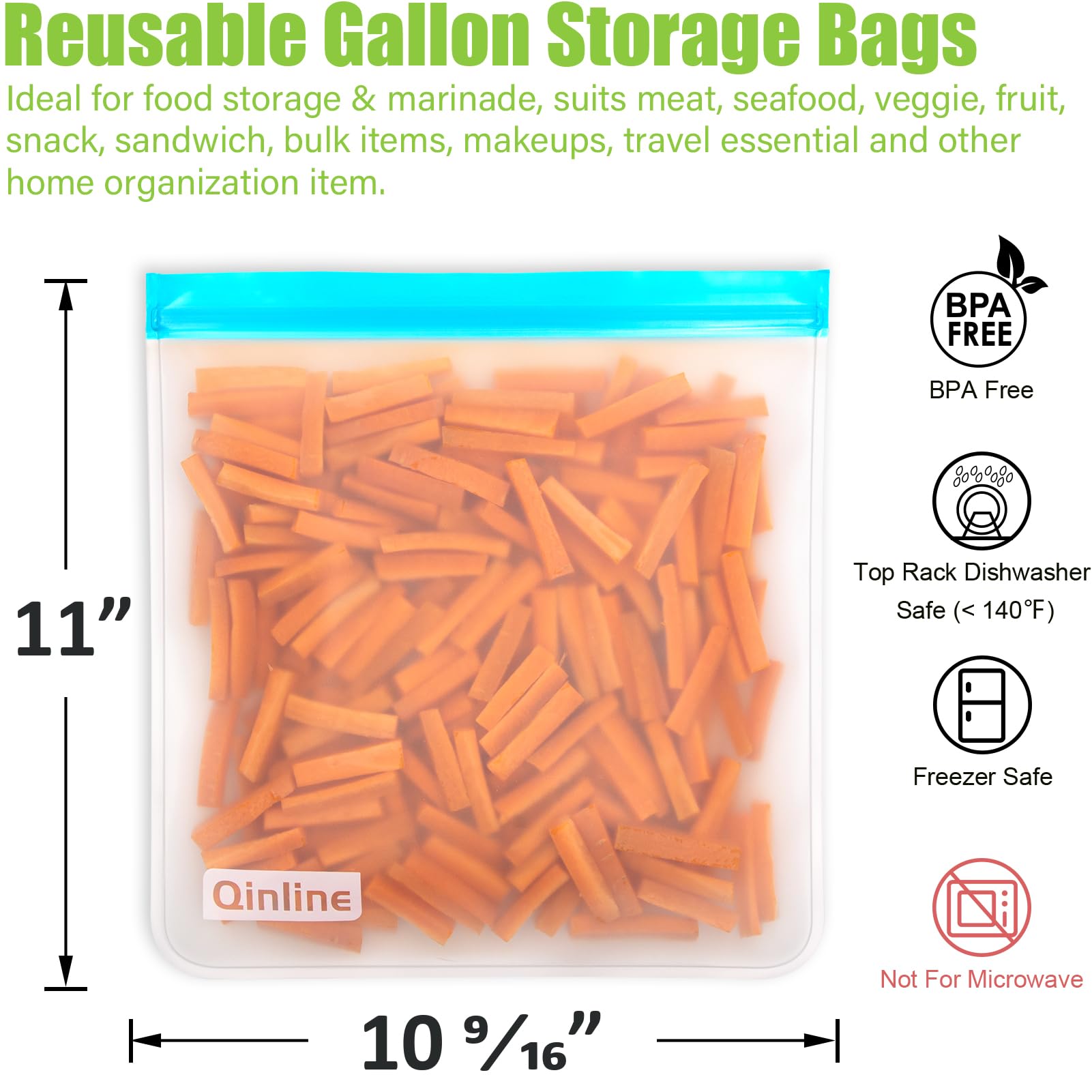 Qinline Reusable Food Storage Bags - 10 Pack Freezer Bags, Reusable Bags Silicone, Extra Thick Leakproof Reusable Lunch Bag for Salad Fruit Snack Travel - 2 Gallon 4 Sandwich 4 Snack Bags