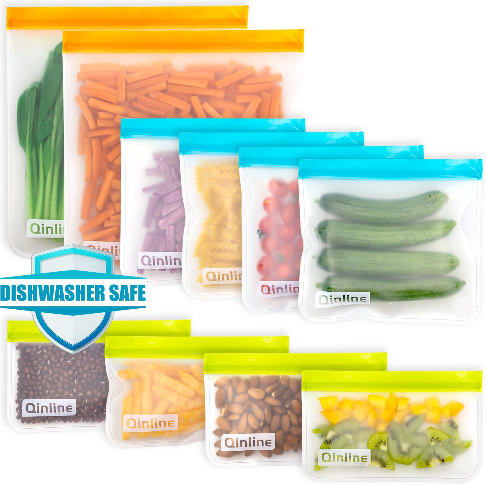 Qinline Reusable Food Storage Bags - 10 Pack Freezer Bags, Reusable Bags Silicone, Extra Thick Leakproof Reusable Lunch Bag for Salad Fruit Snack Travel - 2 Gallon 4 Sandwich 4 Snack Bags