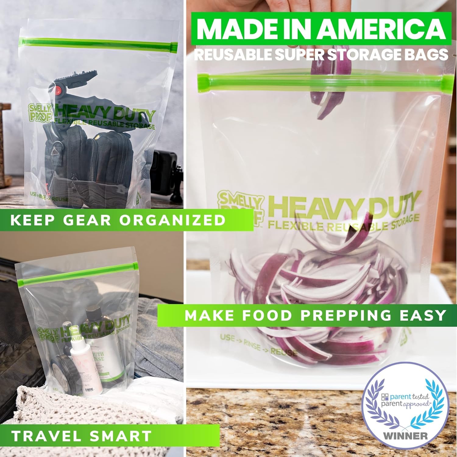 Smelly Proof HEAVY DUTY Reusable STAND-UP Bags for Food Storage, USA Made, NO PEVA & BPA FREE, Reusable Freezer Bags, Dishwasher-Safe, Triple Zip, CLEAR 5-mils XXL 2-Gallon 12" x 16" - 5pk