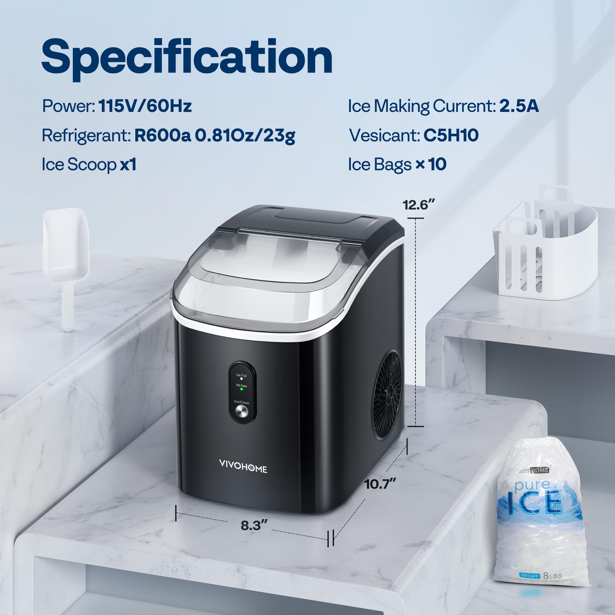 VIVOHOME Nugget Ice Maker Countertop, 45lbs/Day Pebble Ice Maker Machine, Soft Chewable Pellet Ice Machine with Self-Cleaning, Scoop, 10 Ice Bags, for Home Kitchen, RV, Camping, Office