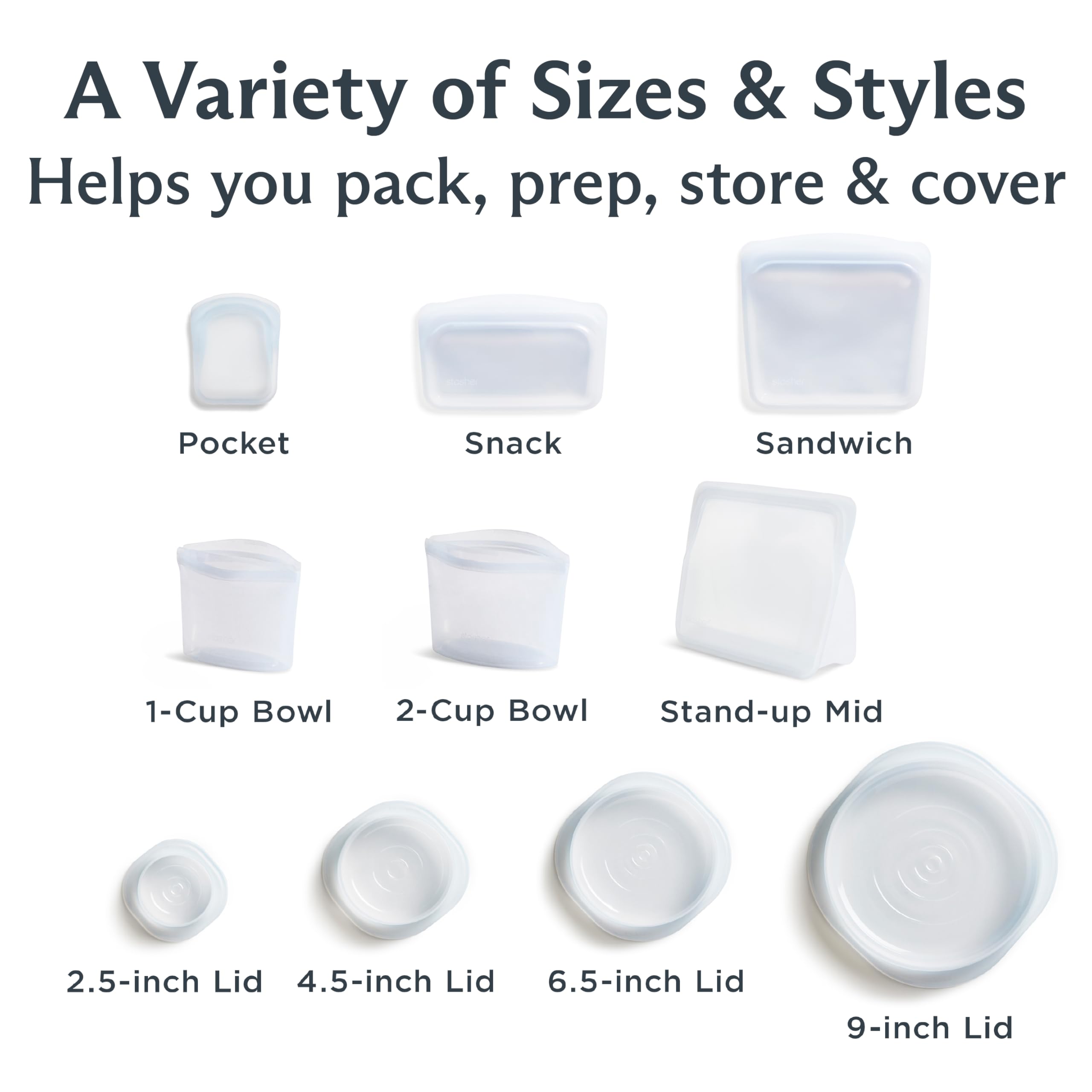 Stasher Silicone Reusable Storage Bags, 4-Pack Starter Kit, Reusable Freezer Bags, Microwave, Dishwasher, Oven Safe, Sous Vide, Premium Lunch Containers, Eco Friendly, Food Storage Bags, Clear