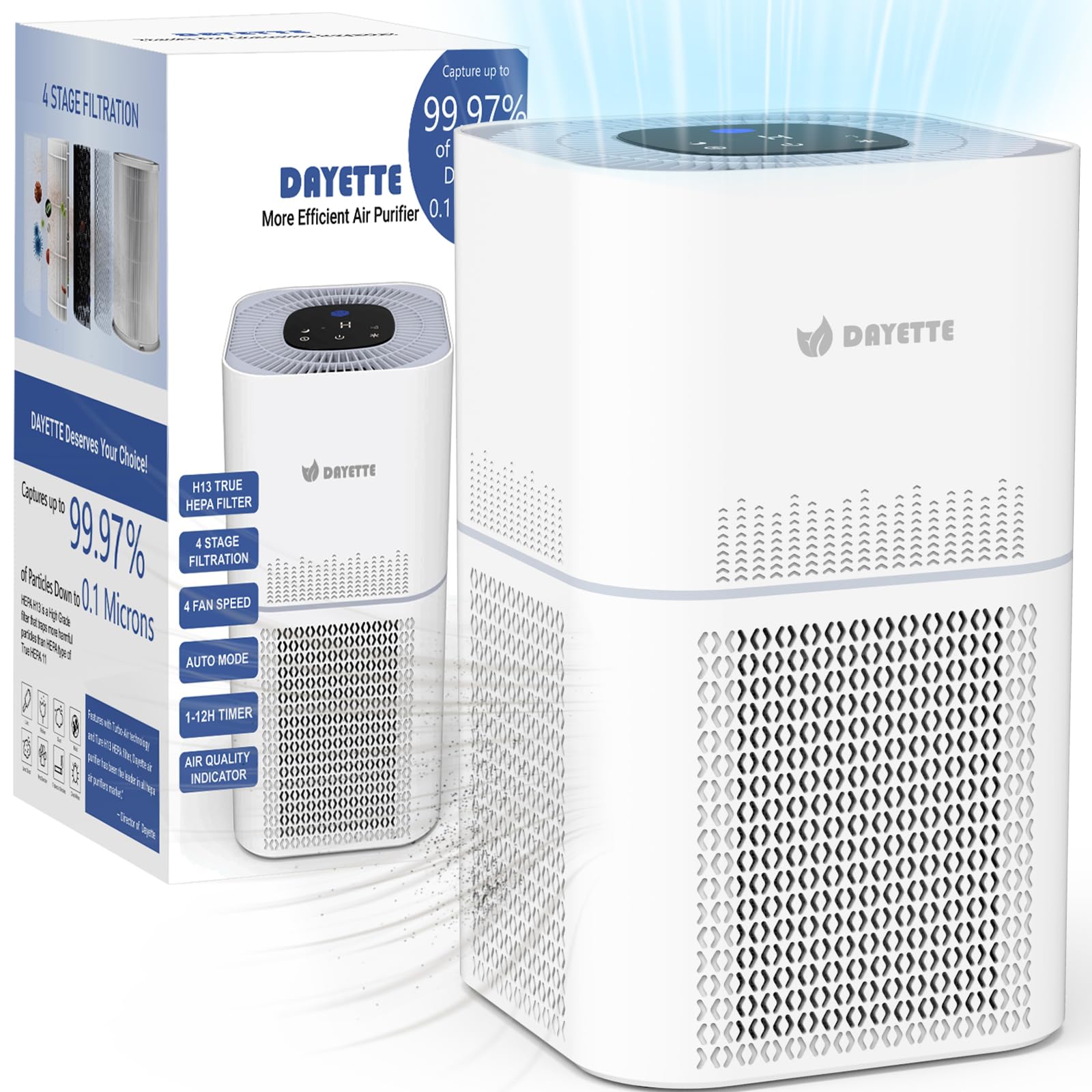 DAYETTE Air Purifiers for Home Large Room Up to 3400 Ft² with TVOC & PM2.5 Sensors, Pet Mode, Aromatherapy, Double Air Inlet Air Cleaner with 2x H14 HEPA Filters for Smoke Dust Pets Hair Odor, White