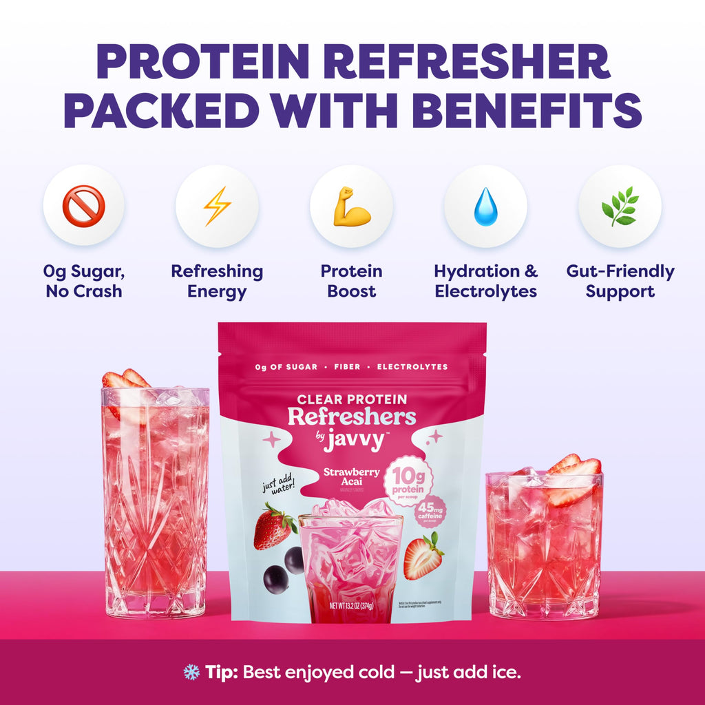Javvy Clear Protein Refresher Drink Mix – 10g of Whey Protein and Collagen Peptides, Electrolytes Powder, Natural Flavors, 0g of Sugar, 45mg Caffeine, 20 Servings, Strawberry Berry Acai