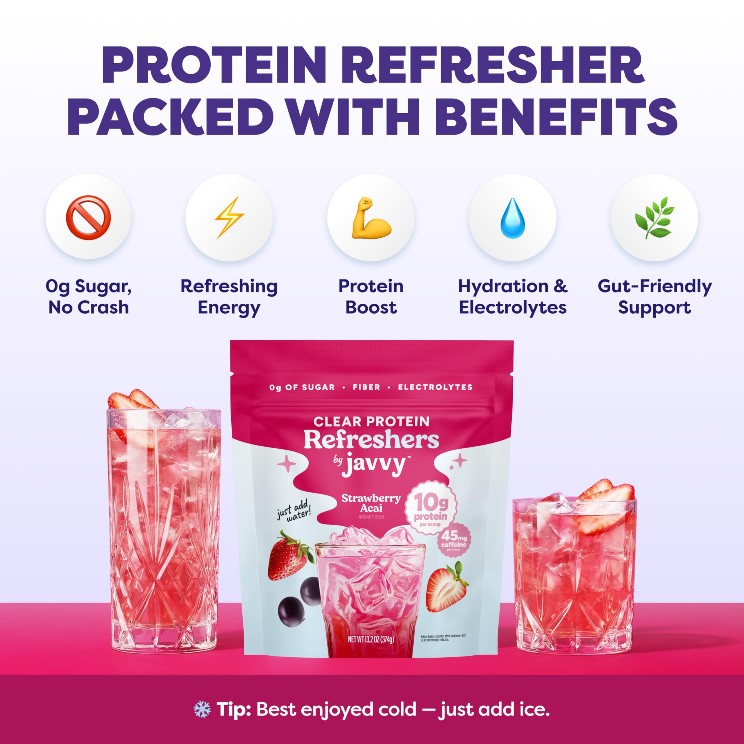 Javvy Clear Protein Refresher Drink Mix – 10g of Whey Protein and Collagen Peptides, Electrolytes Powder, Natural Flavors, 0g of Sugar, 45mg Caffeine, 20 Servings, Strawberry Berry Acai