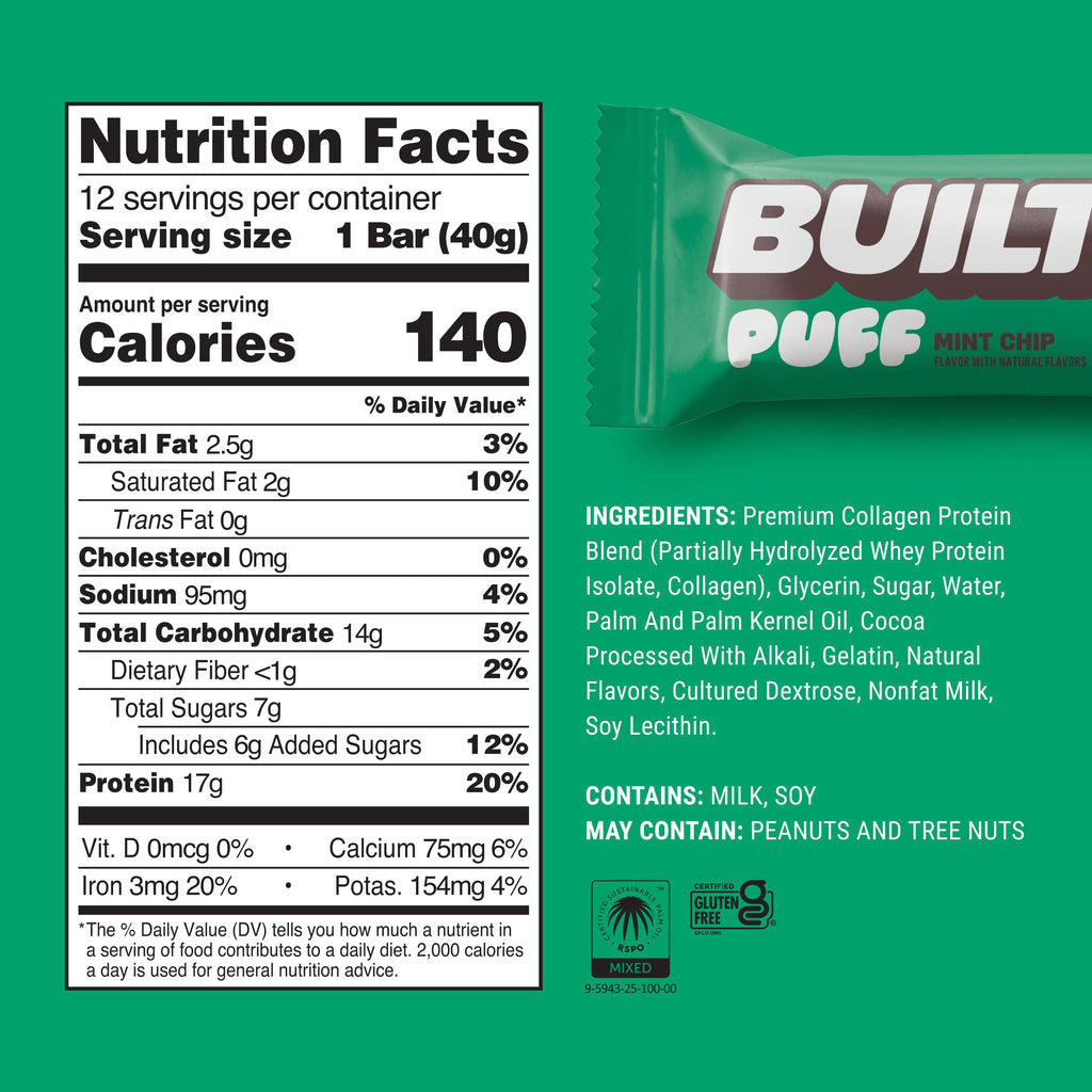 BUILT Bar Puff Protein Bars - Variety Pack - 15-17g Protein Snack Bars with Collagen - Calorie Conscious & Gluten Free - 12 Count, Variety May Vary | Protein Snack Bars with Collagen, Calorie Conscious, Gluten Free