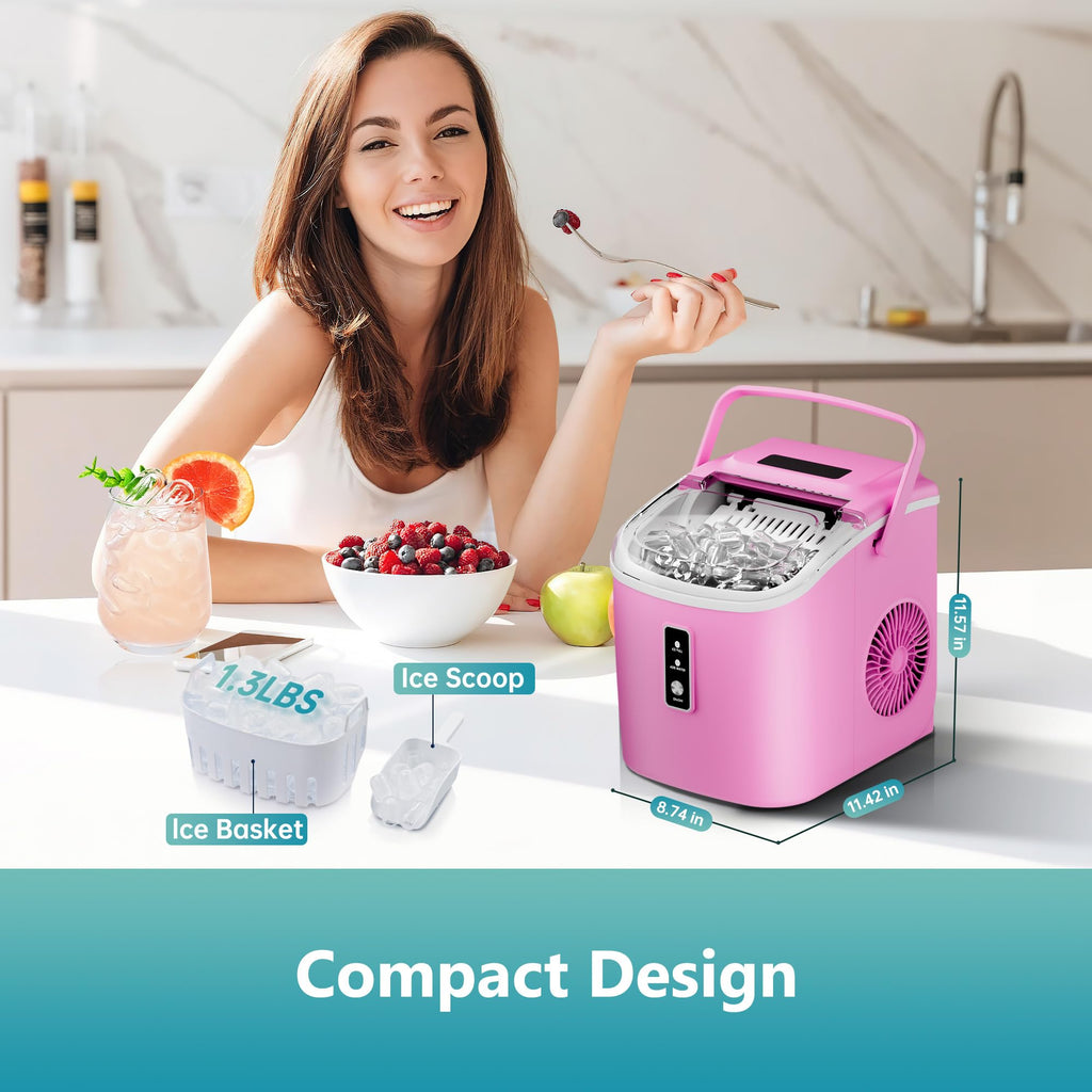 EUHOMY Ice Maker Countertop, Portable Ice Machine with Carry Handle, 26.5lbs Per Day, 9 Cubes in 6 Mins, Auto-Cleaning, with Basket and Scoop, for Home, Kitchen, Camping, RV (Silver)