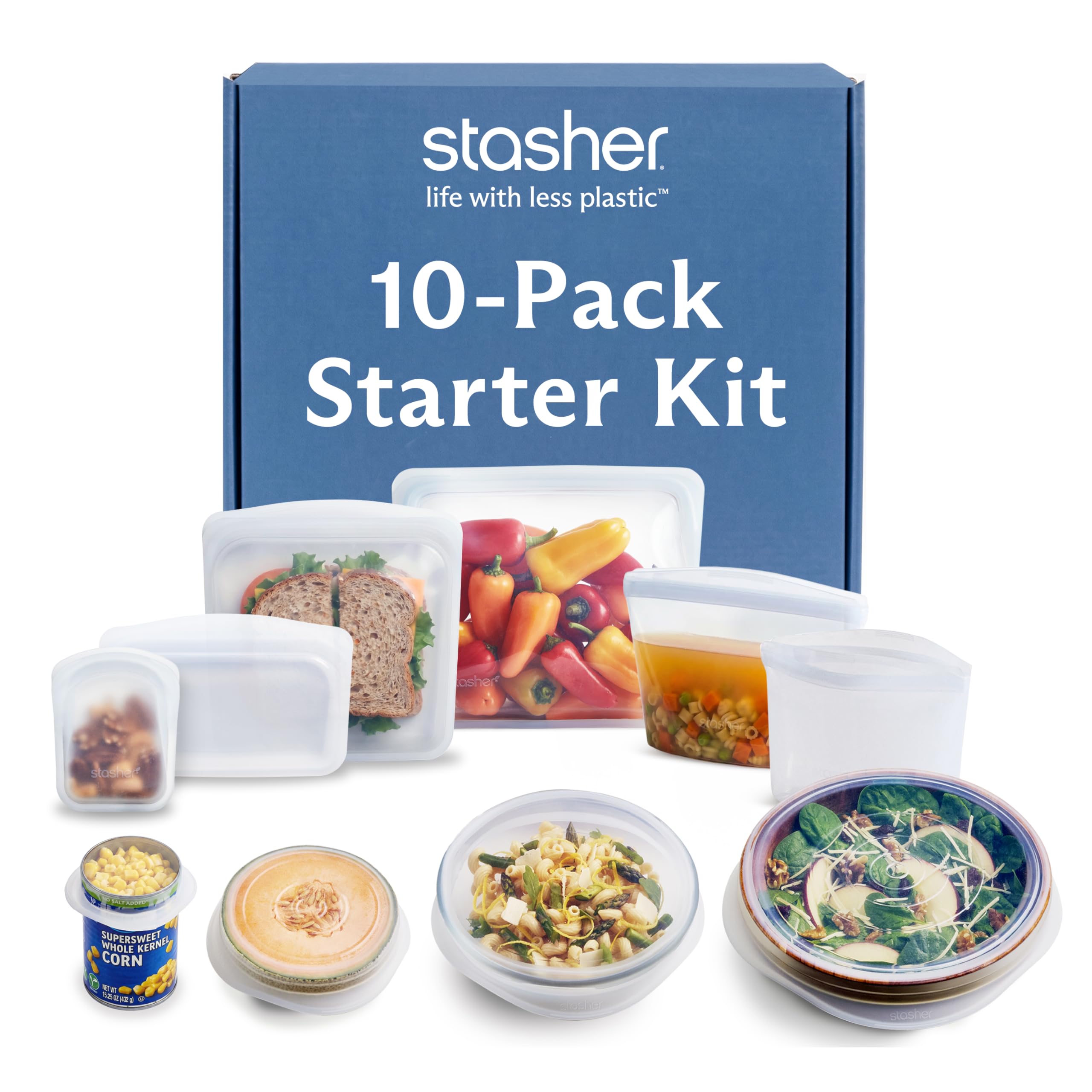 Stasher Silicone Reusable Storage Bags, 4-Pack Starter Kit, Reusable Freezer Bags, Microwave, Dishwasher, Oven Safe, Sous Vide, Premium Lunch Containers, Eco Friendly, Food Storage Bags, Clear