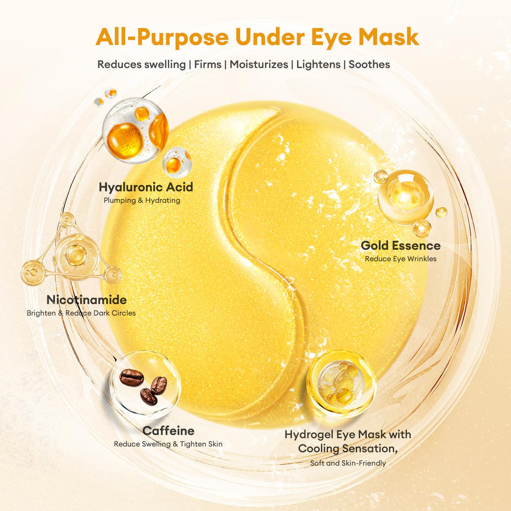 Under Eye Patches Gold Essence Hydrogel Eye Masks for Puffy Eyes and Dark Circles Caffeine Hyaluronic Acid & Niacinamide Deep Hydrating Eye Mask for Men & Women 60 PCS (Gold)
