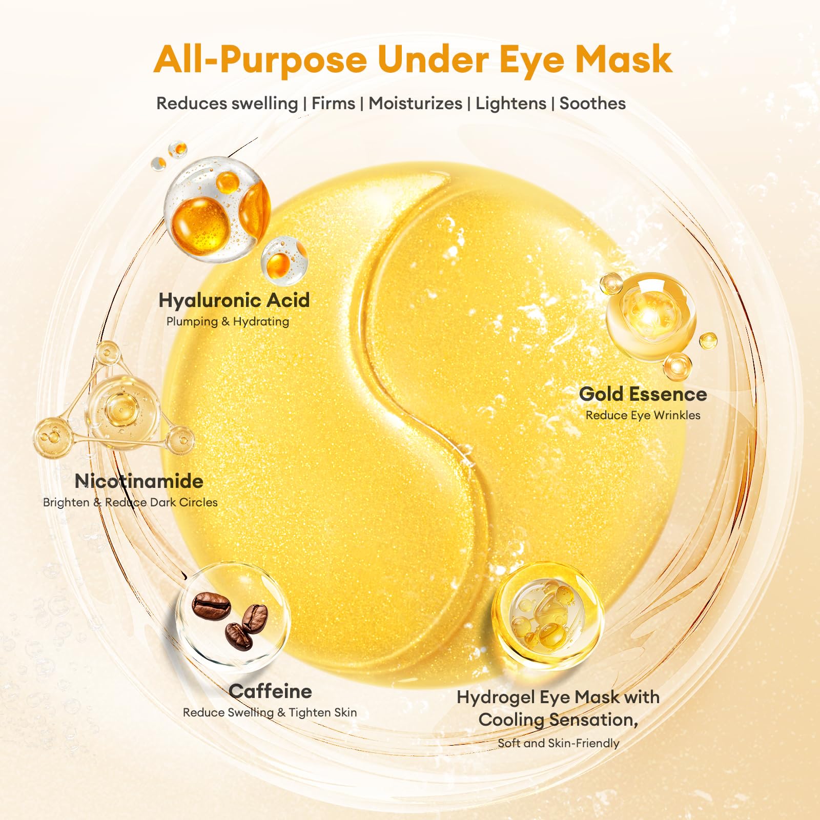 Under Eye Patches Gold Essence Hydrogel Eye Masks for Puffy Eyes and Dark Circles Caffeine Hyaluronic Acid & Niacinamide Deep Hydrating Eye Mask for Men & Women 60 PCS (Gold)