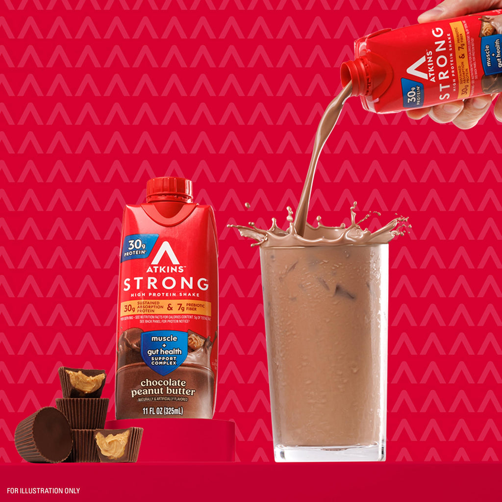 Atkins Strong High Protein Shake, Milk Chocolate, 30g Protein, 7g Prebiotic Fiber, 1g Sugar, GLP-1 Support, Muscle & Gut Health Support Complex, 12 Count