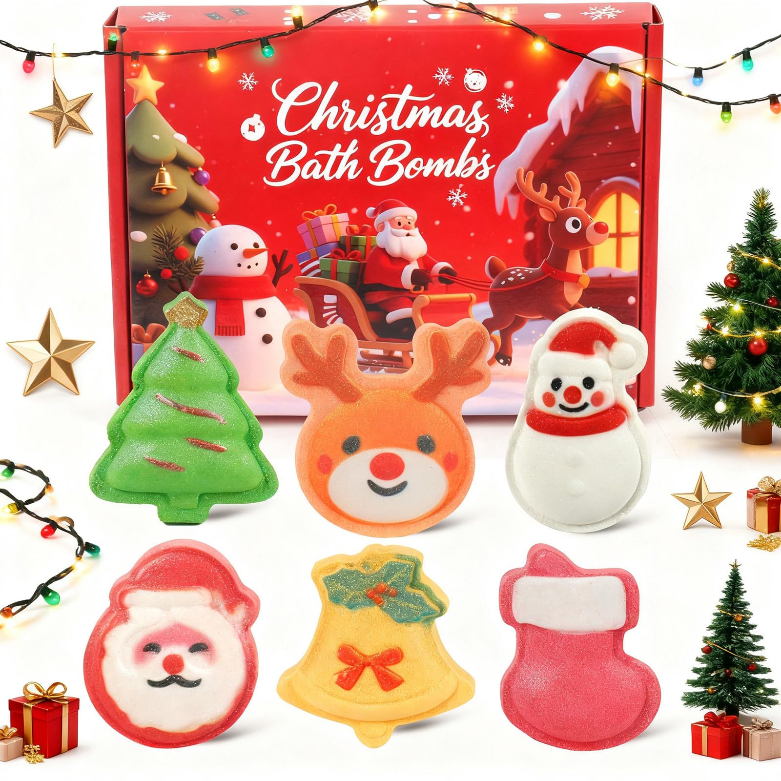 Christmas Bath Bombs for Kids, 6 Festive Shapes, Stocking Stuffer Gift Set | 6 Large Christmas Bath Bombs Offer a Fuller Soak with Colorful Fizz and Scents, Ideal Gifts for Kids and Stocking Stuffers
