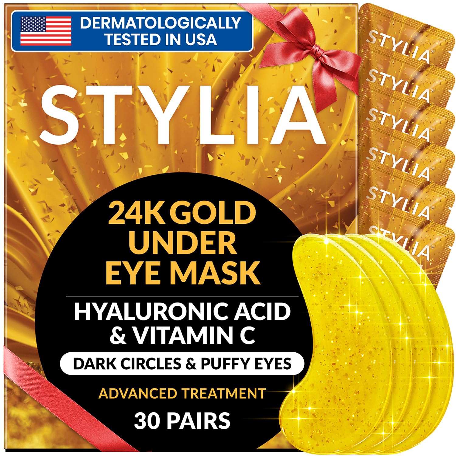 Stylia Collagen & Vitamin C Under Eye Patches for Puffy Eyes & Dark Circles - Depuffing, Hydrating & Firming Under Eye Mask with Hyaluronic Acid - Stocking Stuffers for Teen Girls, Vegan (30 Pairs)
