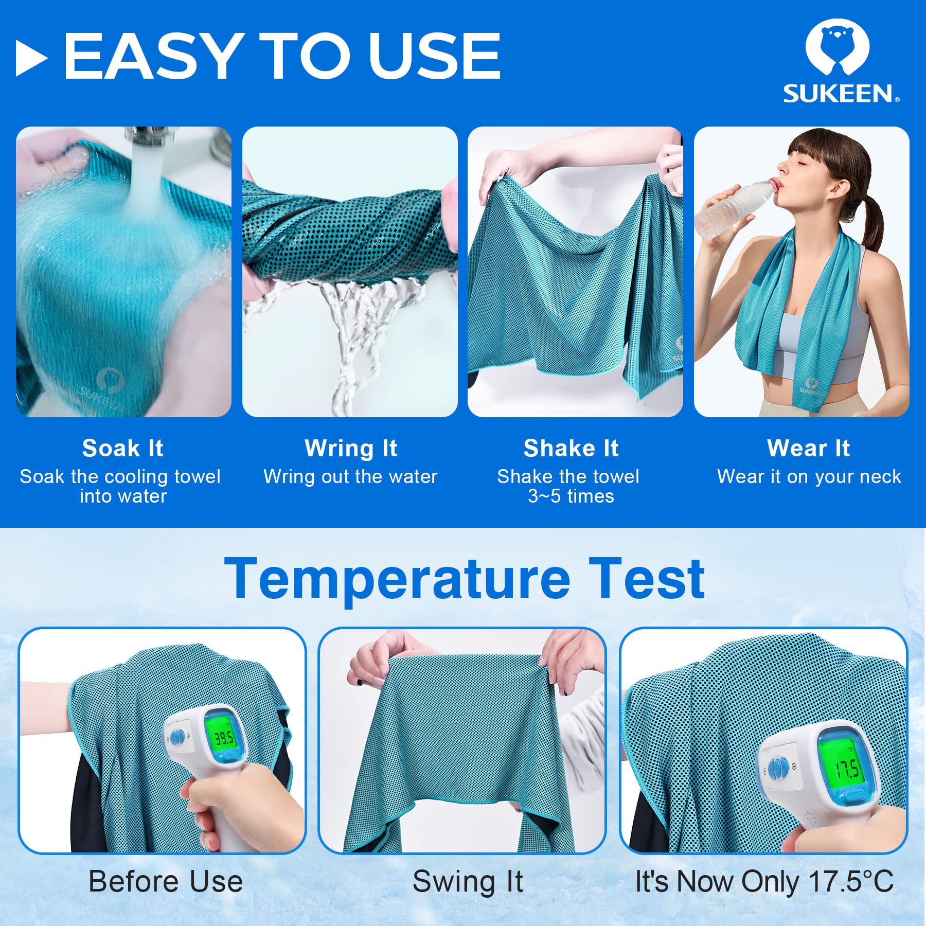 Sukeen 4 Pack Cooling Towels for Hot Weather 40"x12", Gym Towels for Men and Women, Soft Breathable Workout Towels for Yoga, Running, Sport, & More