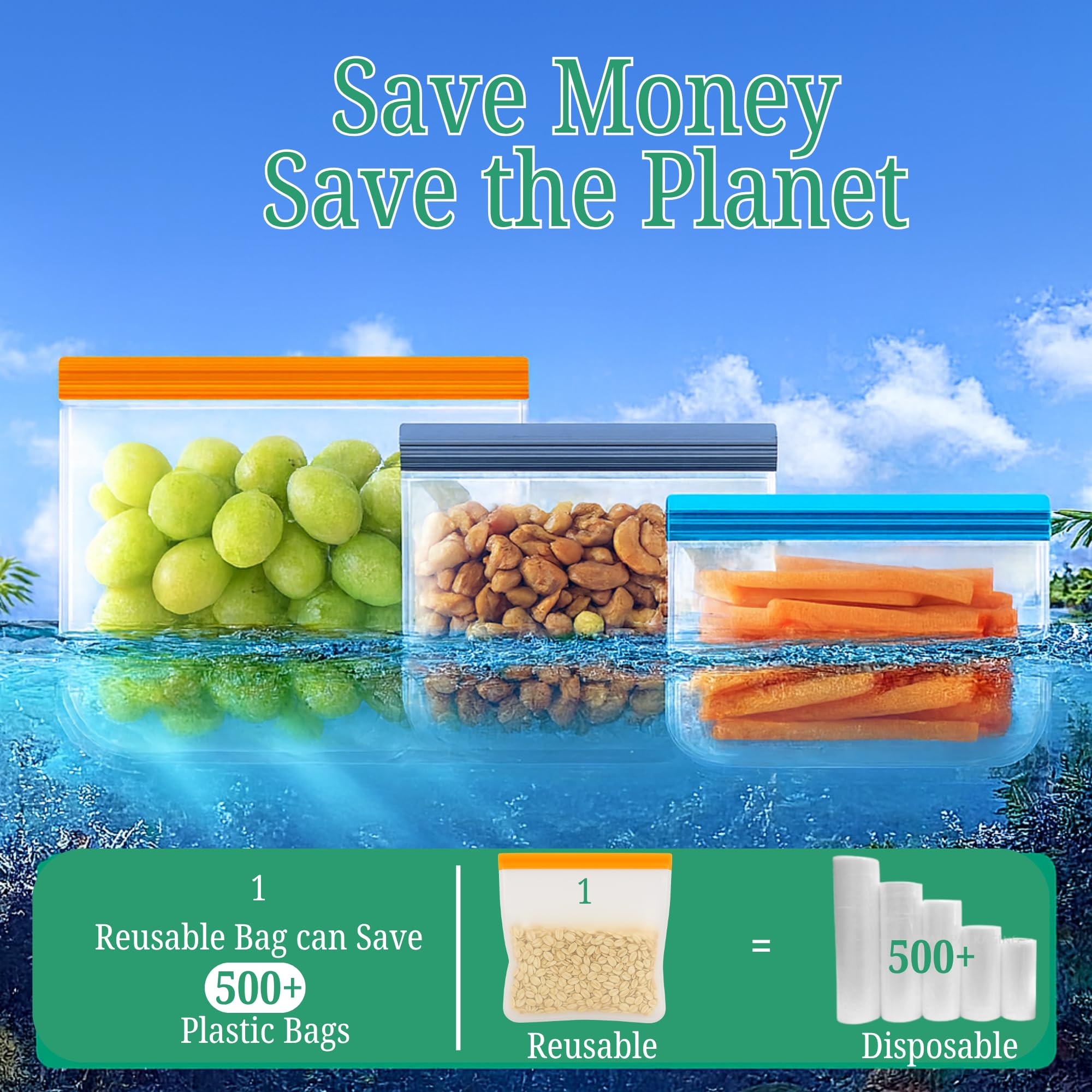 10 Pack Dishwasher Safe Reusable Bags, Leakproof Reusable Freezer Bags, BPA Free Food Storage Bags for Lunch, Marinate and Travel, 3 Gallon, 4 Sandwich, 3 Snack Bags