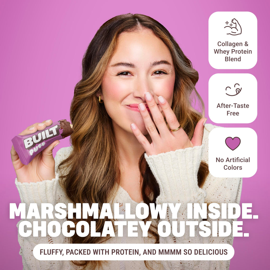 BUILT Bar Puff Protein Bars - Variety Pack - 15-17g Protein Snack Bars with Collagen - Calorie Conscious & Gluten Free - 12 Count, Variety May Vary | Protein Snack Bars with Collagen, Calorie Conscious, Gluten Free