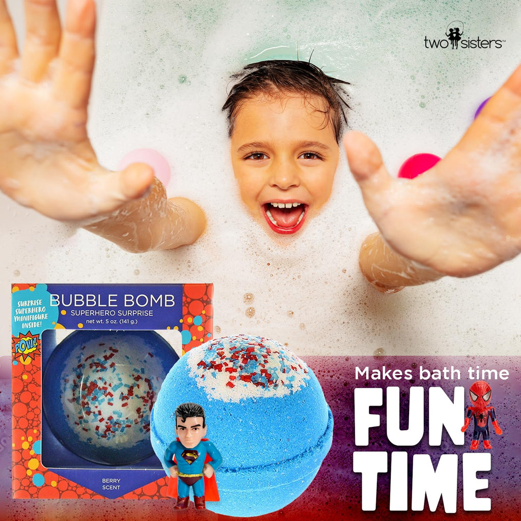 Superhero Bath Bombs for Kids & Boys with Surprise Hero Toys Inside (1 Pack) - Large Bubble Bath Bombs for Boys & Girls - Birthday Gift & Goodie Bags for Kids - Fruity Scent, USA Made by Two Sisters