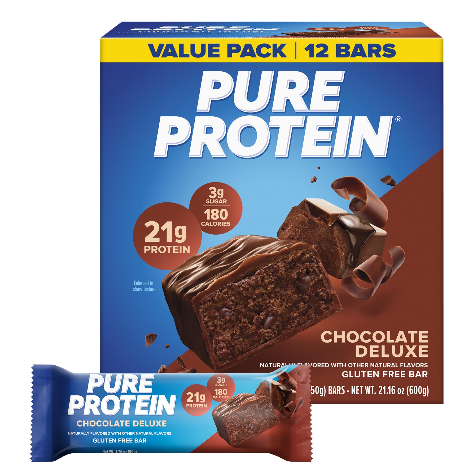 Pure Protein Chocolate Peanut Butter Protein Bars – 20g Protein, 3g Sugar, 190 Calories (12 count) Low Sugar* High Protein Snack - Gluten Free - Perfect for a Healthy Snack