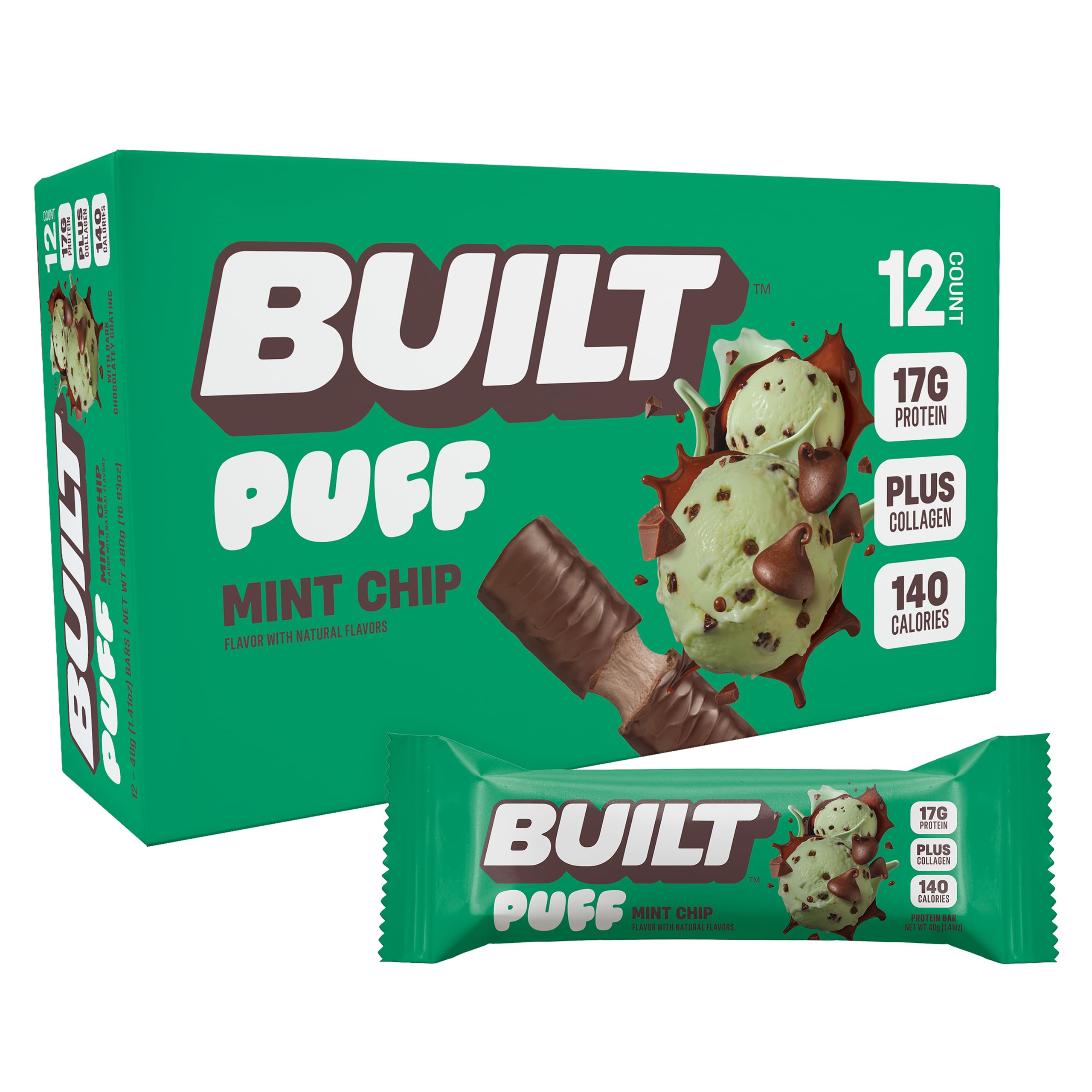 BUILT Bar Puff Protein Bars - Variety Pack - 15-17g Protein Snack Bars with Collagen - Calorie Conscious & Gluten Free - 12 Count, Variety May Vary | Protein Snack Bars with Collagen, Calorie Conscious, Gluten Free