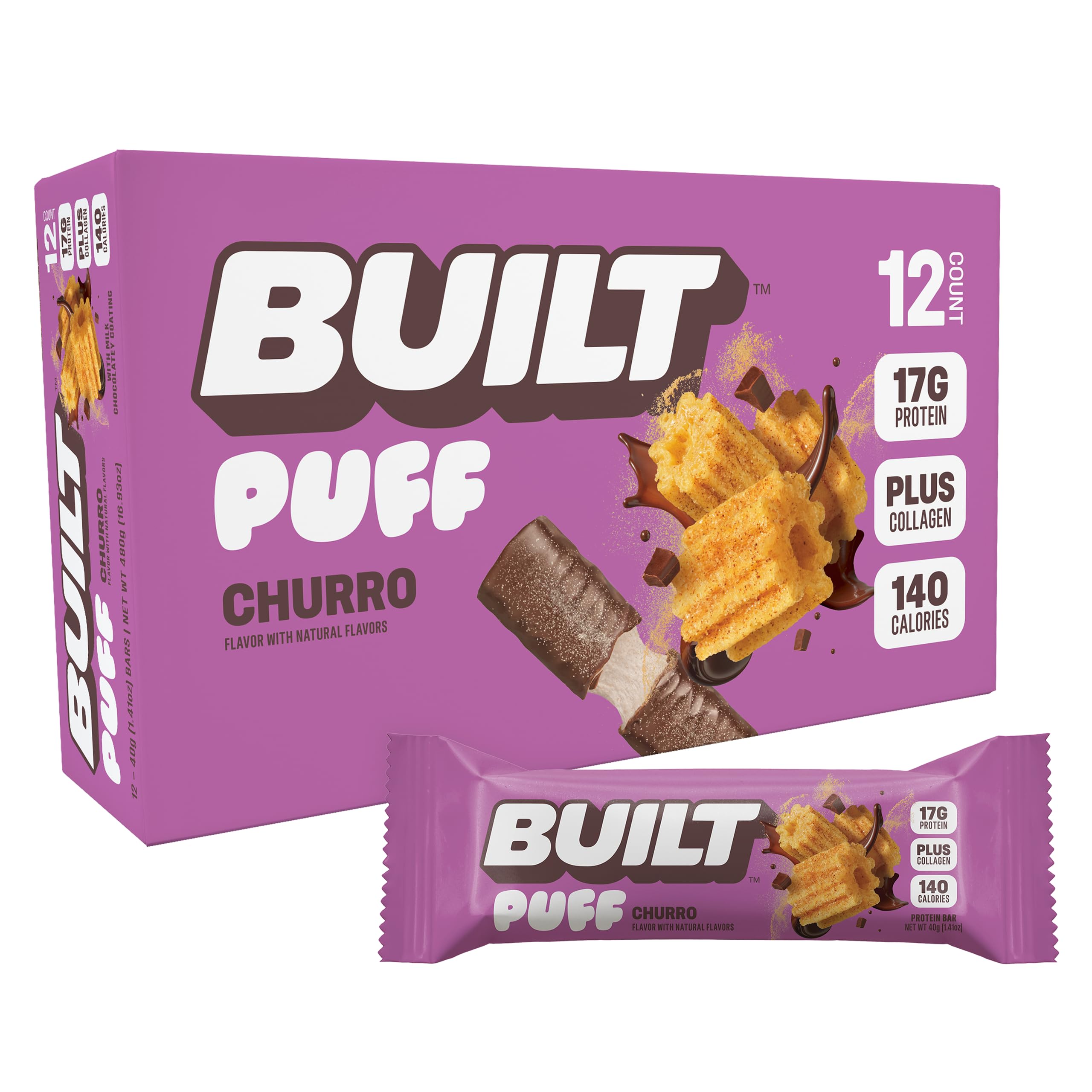 BUILT Bar Puff Protein Bars - Variety Pack - 15-17g Protein Snack Bars with Collagen - Calorie Conscious & Gluten Free - 12 Count, Variety May Vary | Protein Snack Bars with Collagen, Calorie Conscious, Gluten Free