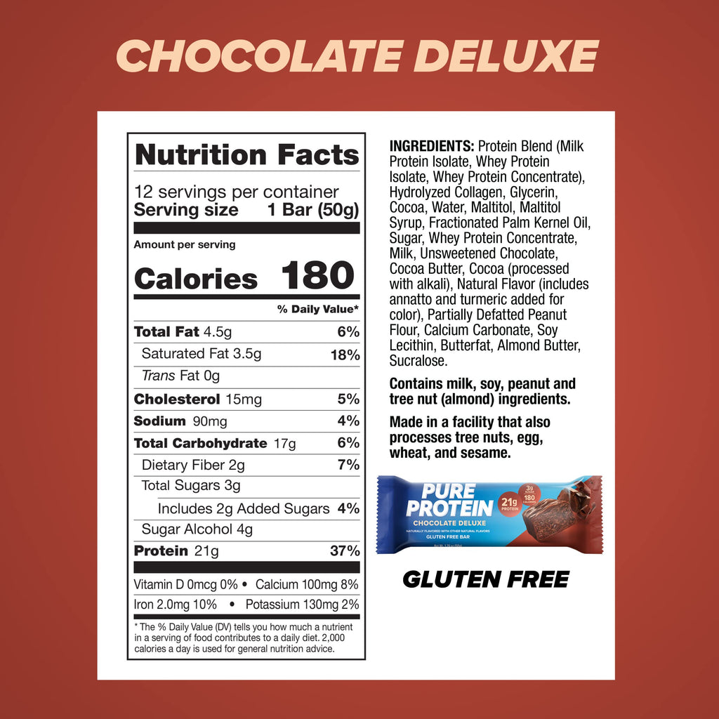 Pure Protein Chocolate Peanut Butter Protein Bars – 20g Protein, 3g Sugar, 190 Calories (12 count) Low Sugar* High Protein Snack - Gluten Free - Perfect for a Healthy Snack