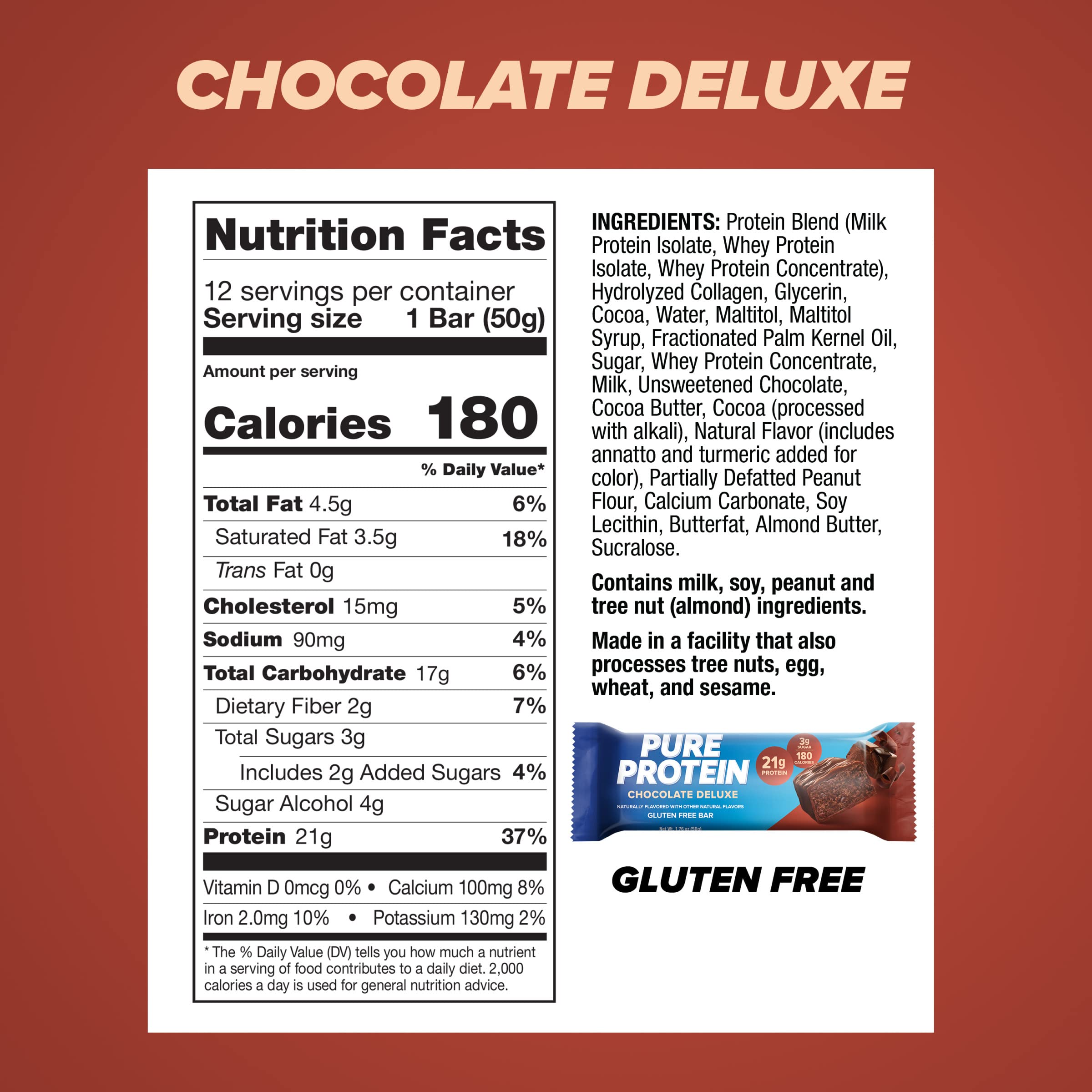 Pure Protein Chocolate Peanut Butter Protein Bars – 20g Protein, 3g Sugar, 190 Calories (12 count) Low Sugar* High Protein Snack - Gluten Free - Perfect for a Healthy Snack
