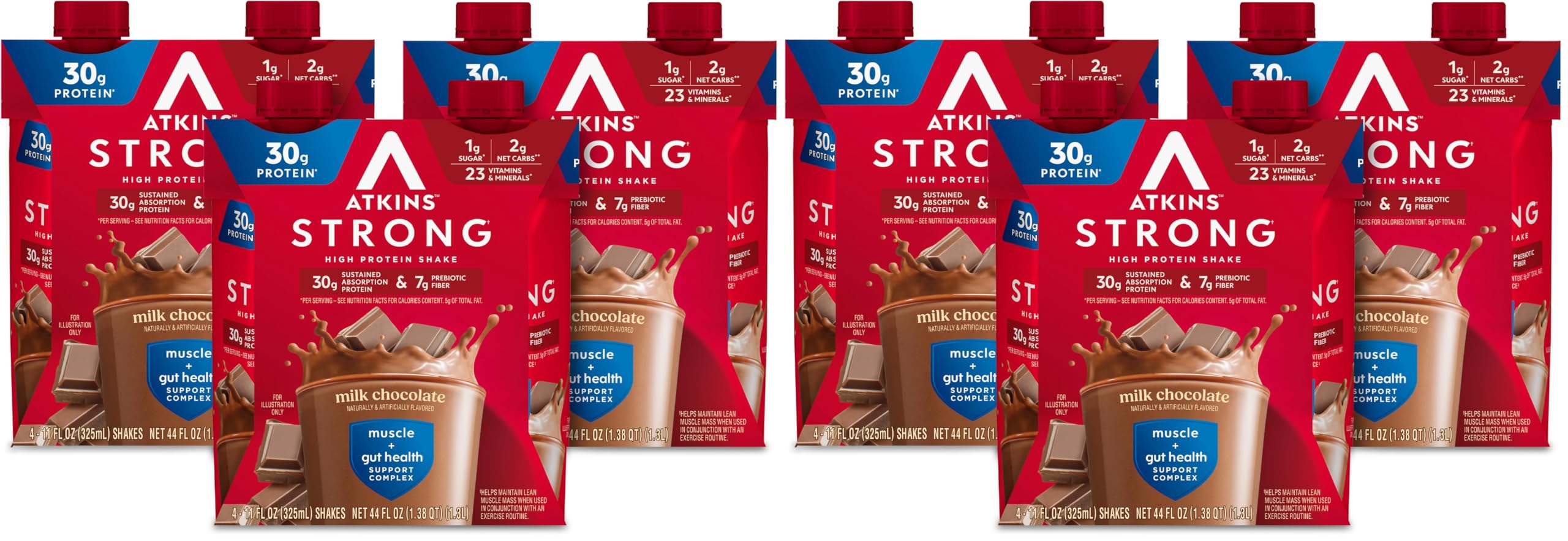 Atkins Strong High Protein Shake, Milk Chocolate, 30g Protein, 7g Prebiotic Fiber, 1g Sugar, GLP-1 Support, Muscle & Gut Health Support Complex, 12 Count