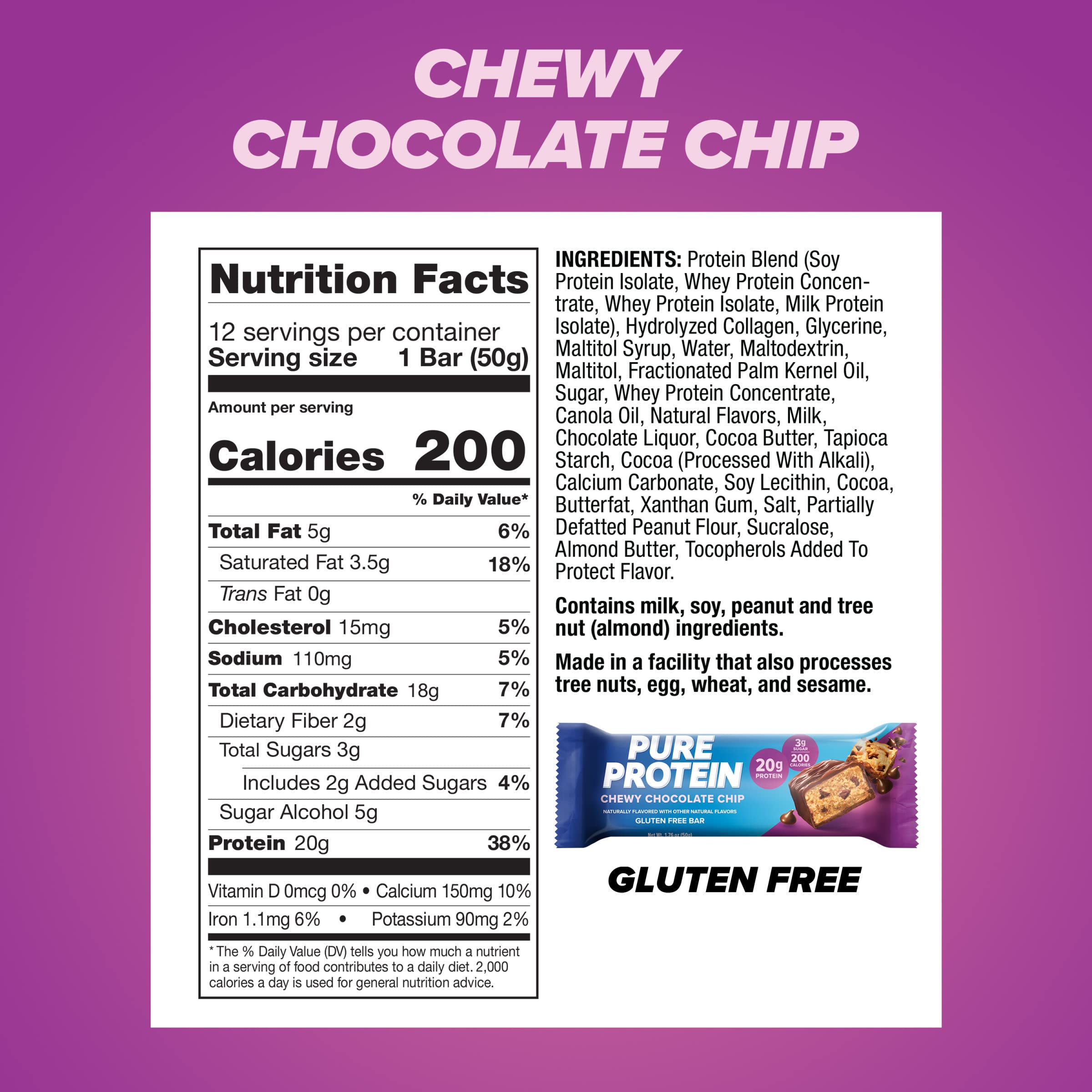Pure Protein Chocolate Peanut Butter Protein Bars – 20g Protein, 3g Sugar, 190 Calories (12 count) Low Sugar* High Protein Snack - Gluten Free - Perfect for a Healthy Snack