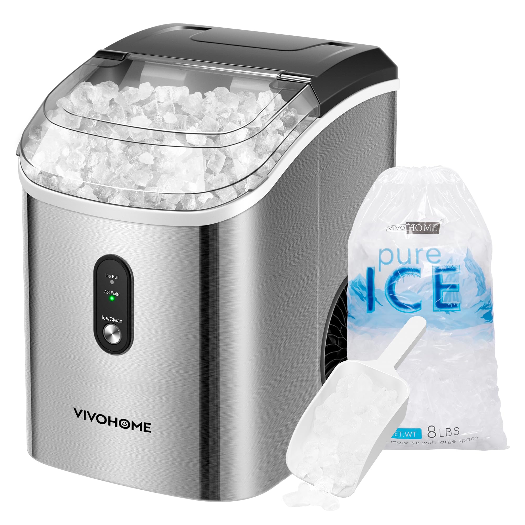 VIVOHOME Nugget Ice Maker Countertop, 45lbs/Day Pebble Ice Maker Machine, Soft Chewable Pellet Ice Machine with Self-Cleaning, Scoop, 10 Ice Bags, for Home Kitchen, RV, Camping, Office